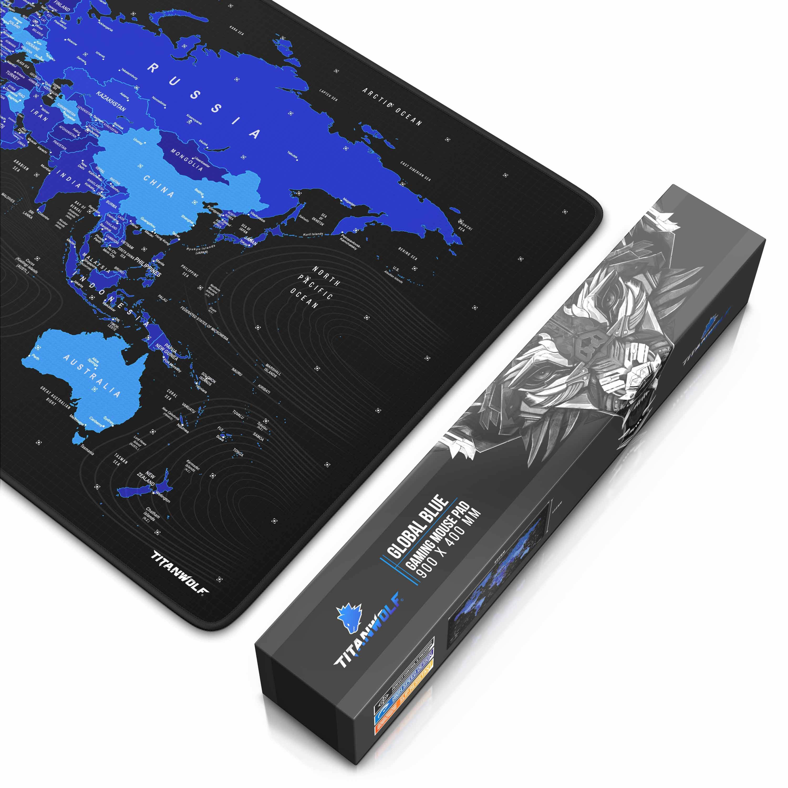 Titanwolf Gaming Mauspad, 900 x 400mm XXL Mousepad, verbessert Präzision & Geschwindigkeit, Welktarte blau