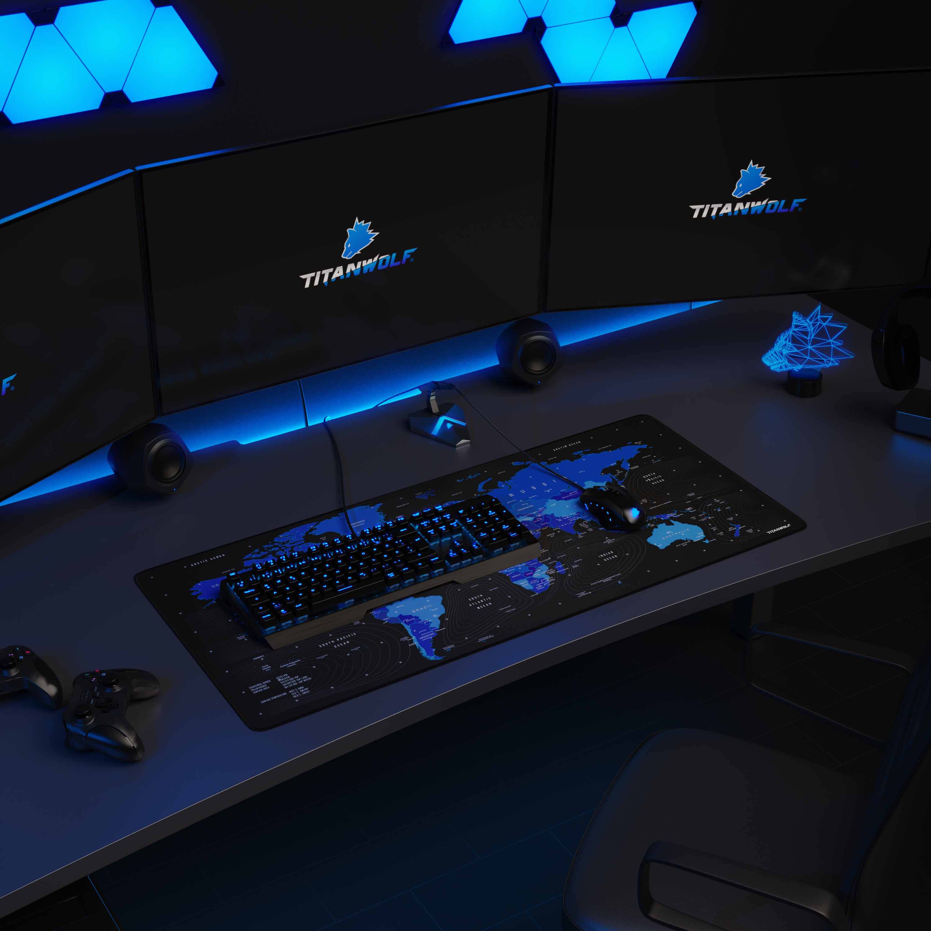 Titanwolf Gaming Mauspad, 900 x 400mm XXL Mousepad, verbessert Präzision & Geschwindigkeit, Welktarte blau