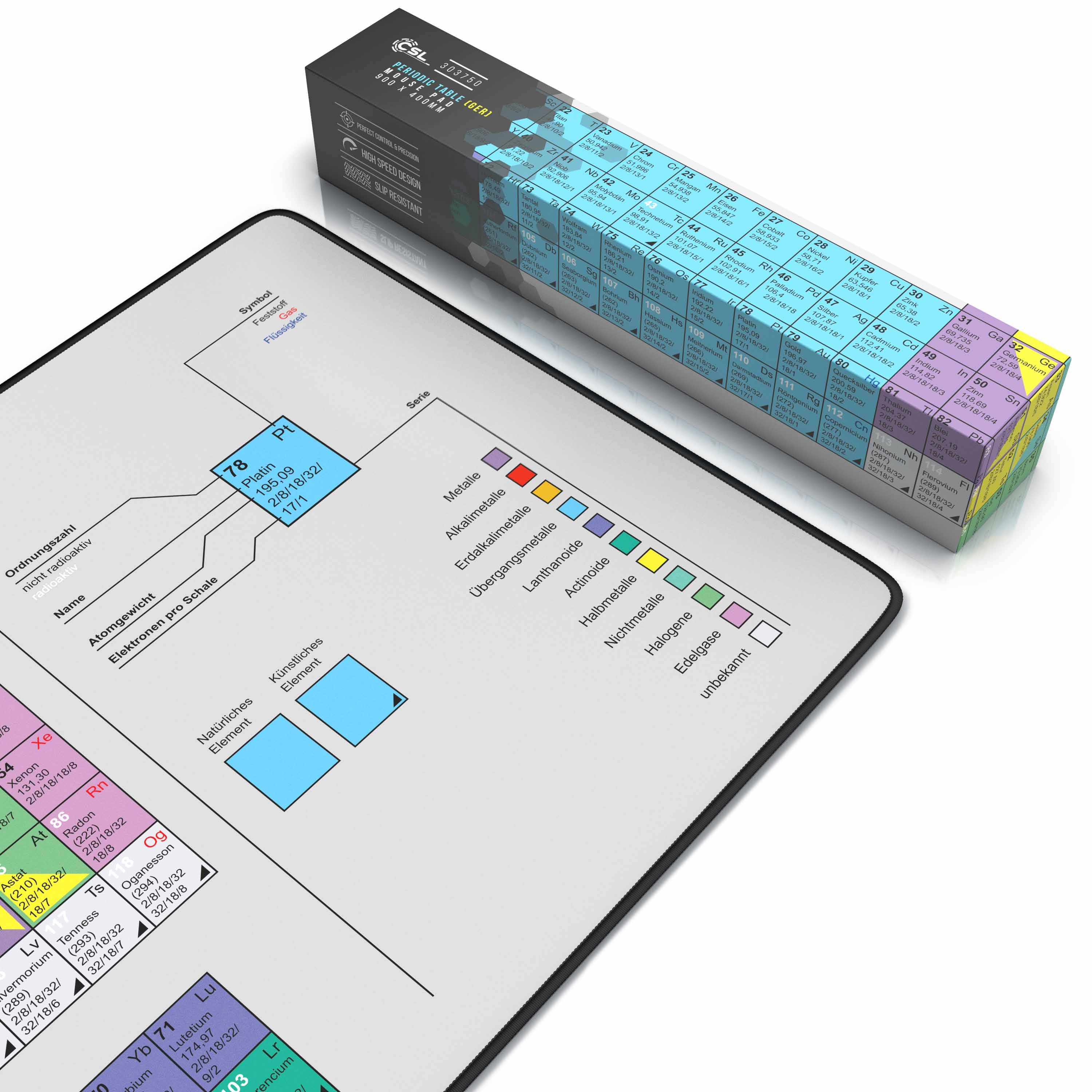 CSL Gaming Mauspad, XXL Schreibtischunterlage 900 x 400mm, Präzision & Geschwindigkeit, Periodensystem