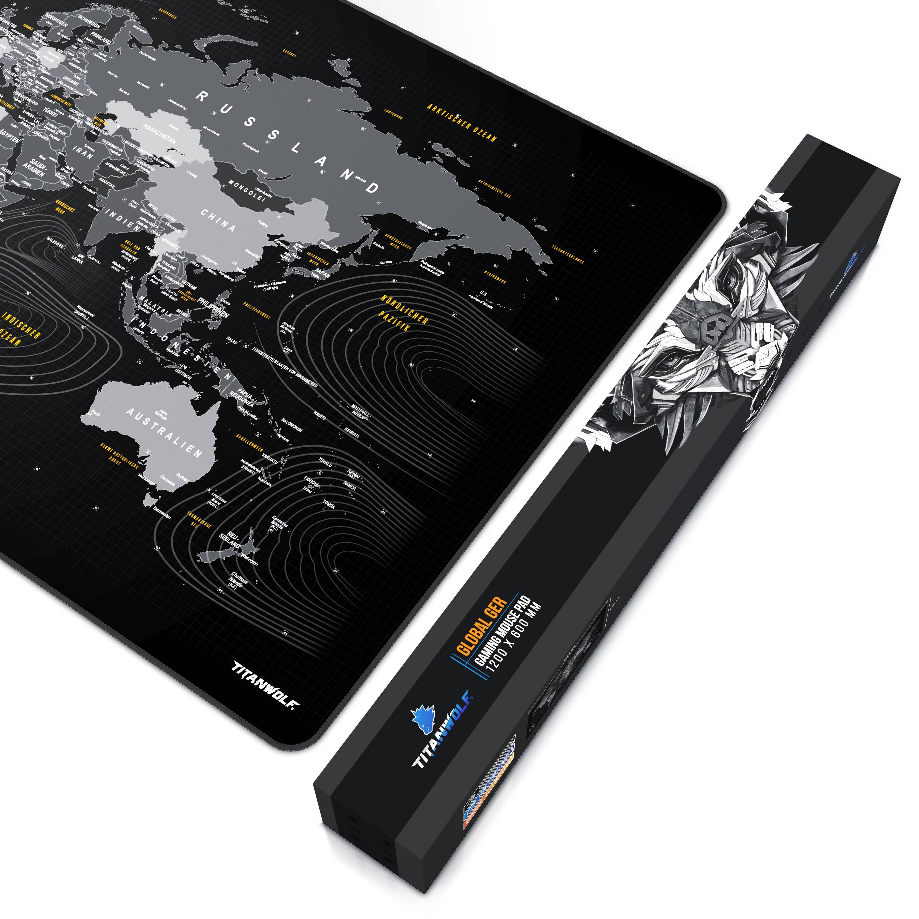 Titanwolf Gaming Mauspad, XXXL Speed Mousepad 1200 x 600 mm, Geschwindigkeit & Präzision, Weltkarte deutsch