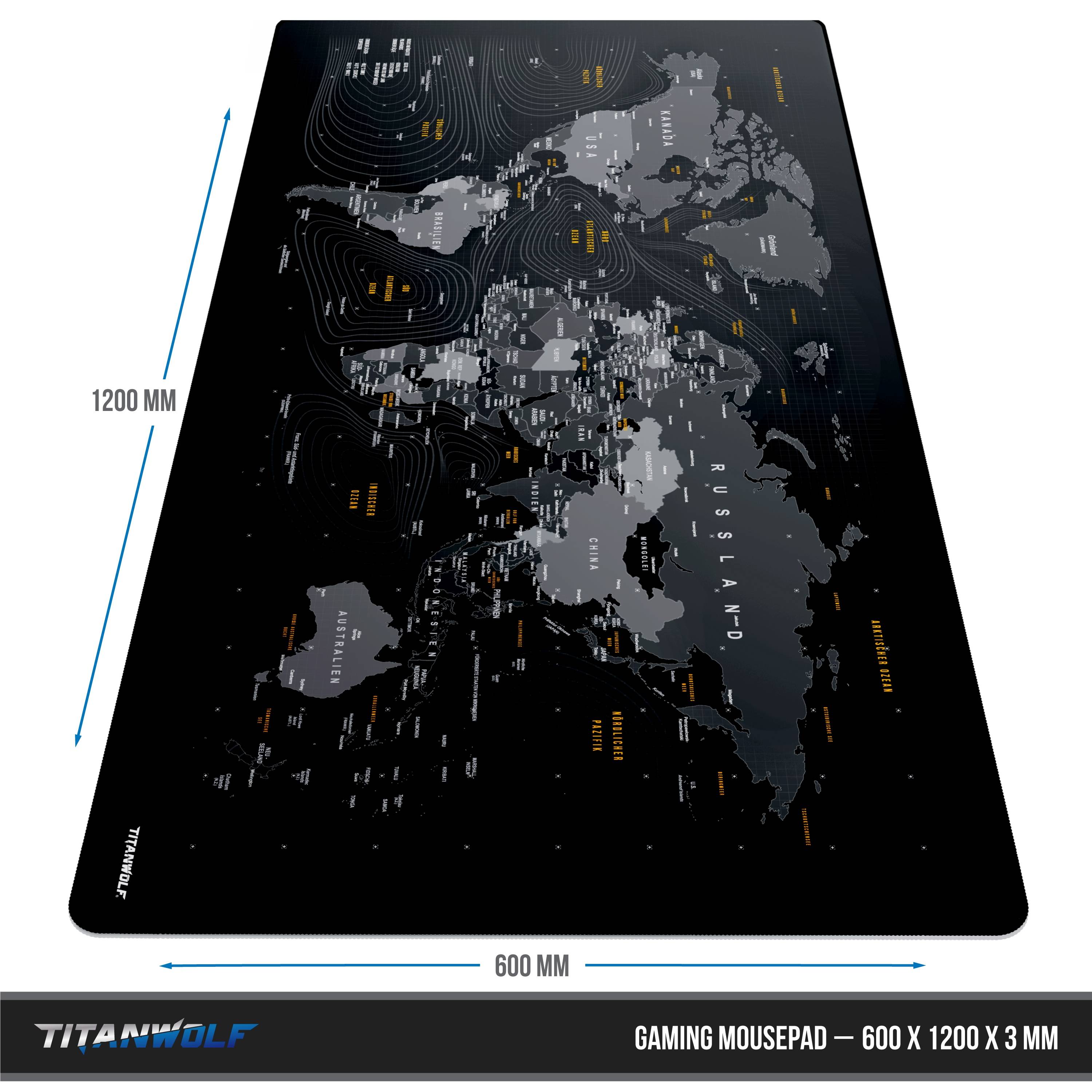 Titanwolf Gaming Mauspad, XXXL Speed Mousepad 1200 x 600 mm, Geschwindigkeit & Präzision, Weltkarte deutsch