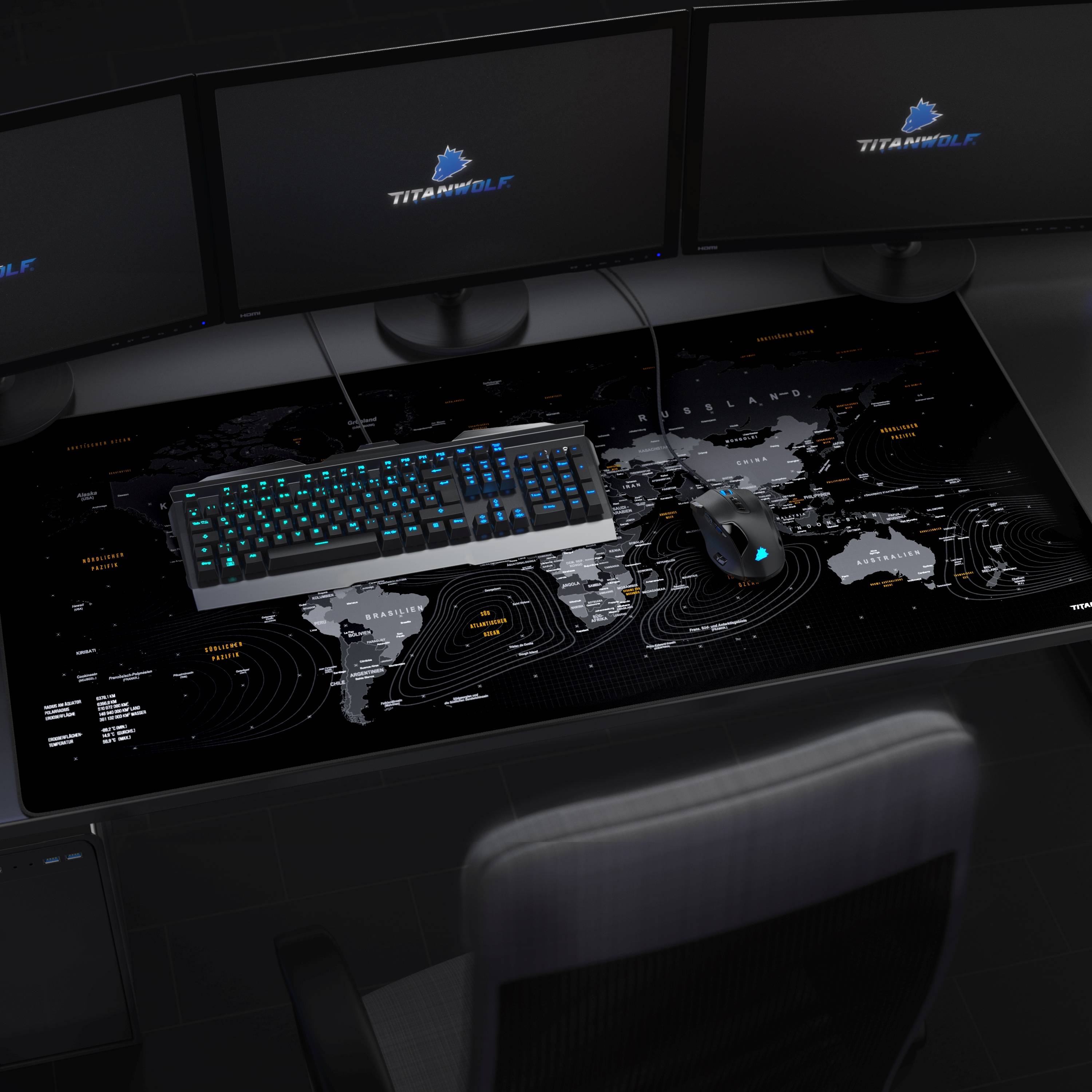 Titanwolf Gaming Mauspad, XXXL Speed Mousepad 1200 x 600 mm, Geschwindigkeit & Präzision, Weltkarte deutsch