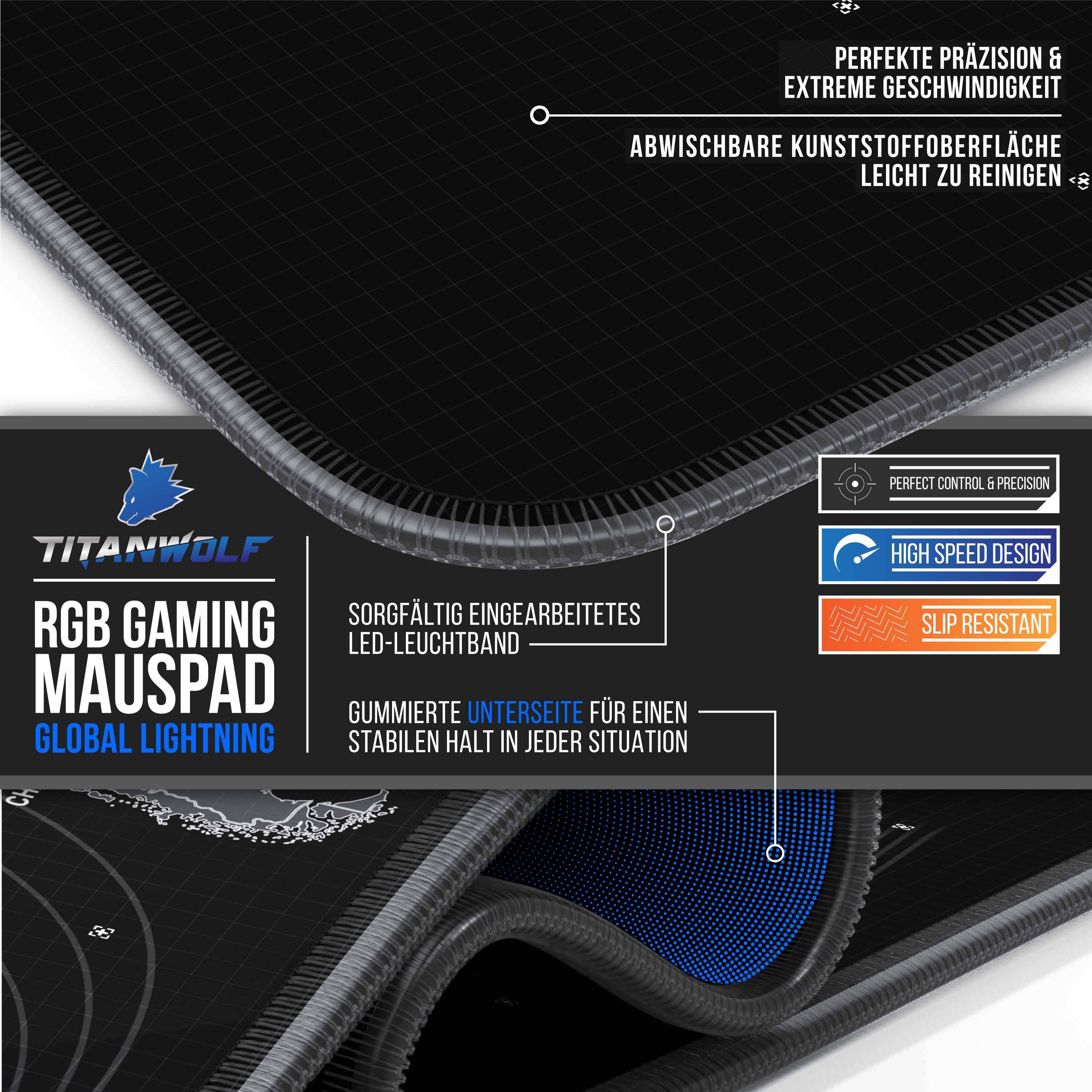 Titanwolf RGB Gaming Mauspad, Mousepad XL 800 x 300mm verbessert Präzision & Geschwindigkeit, Global