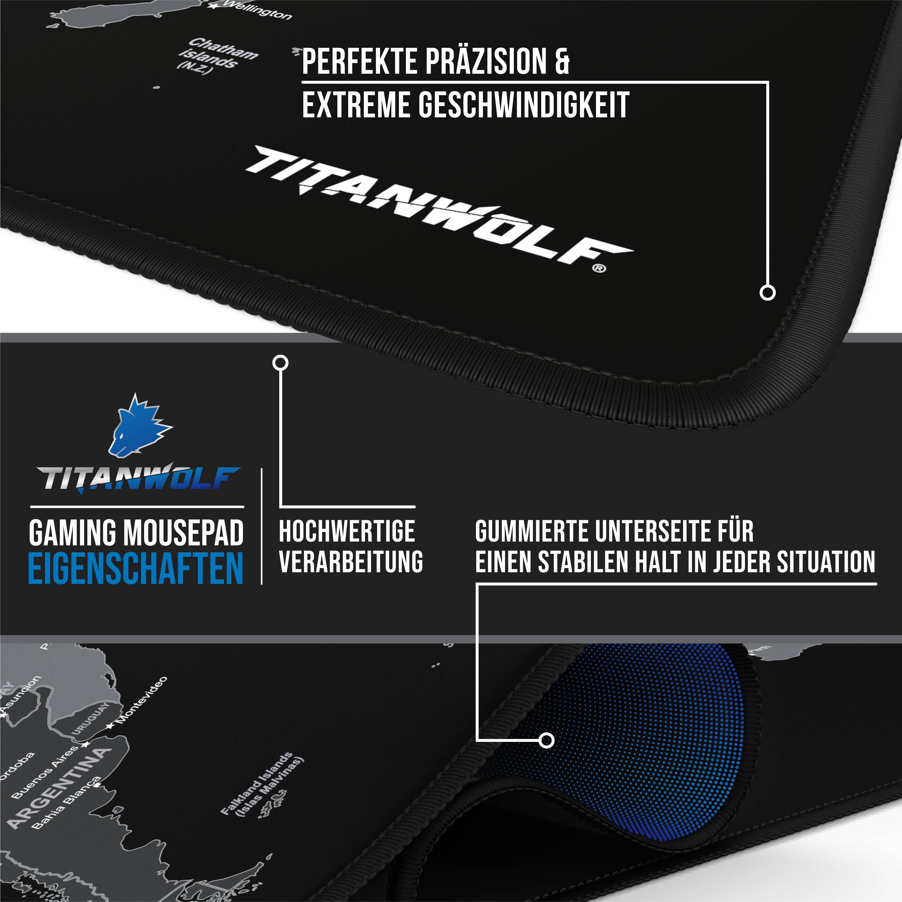 Titanwolf Gaming Mauspad XXL, glattes Stoffgewebe, Speed Mousepad 900 x 400mm große Fläche, Weltkarte Global