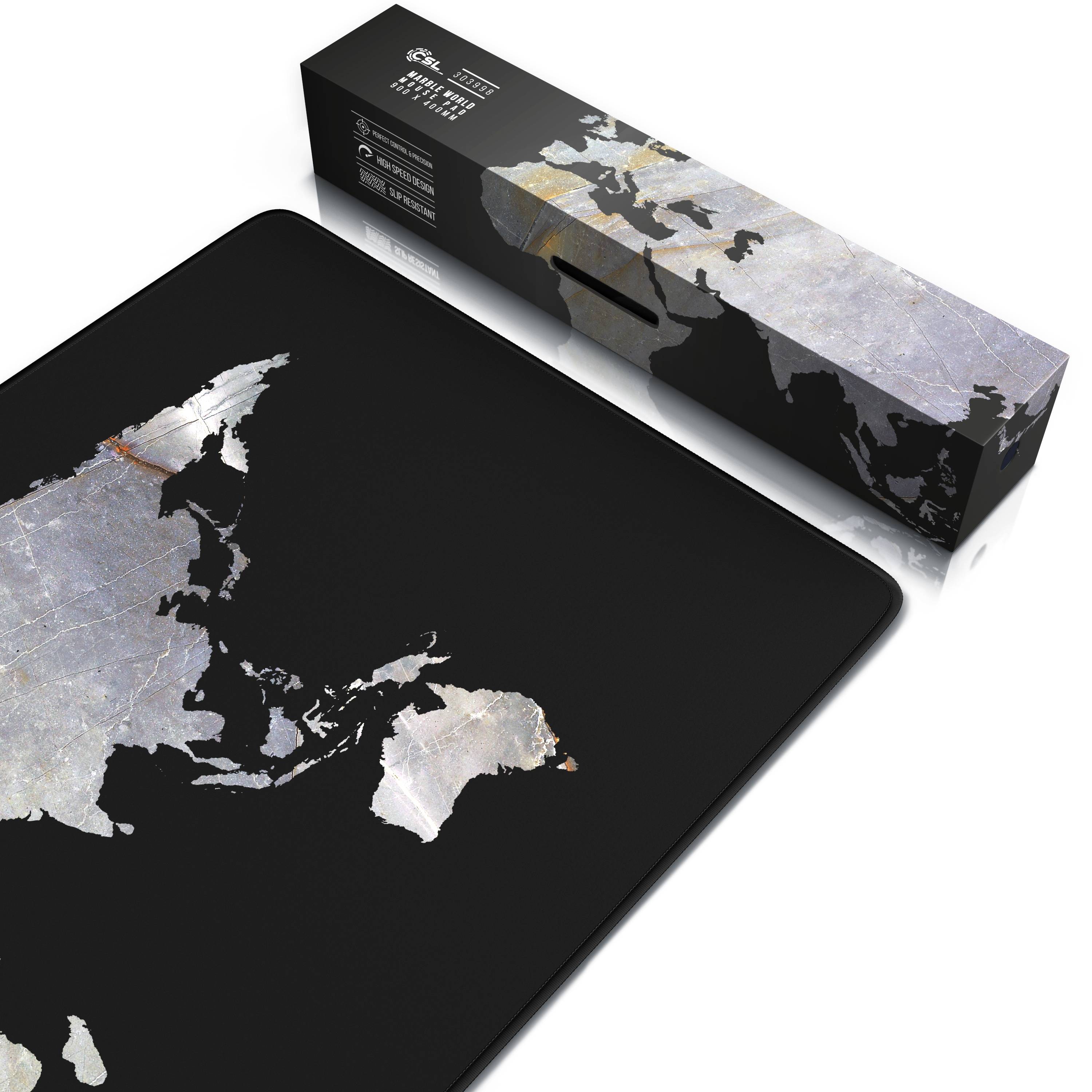 CSL Gaming Mauspad, XXL Schreibtischunterlage 900 x 400mm, Präzision & Geschwindigkeit, Marmor schwarz