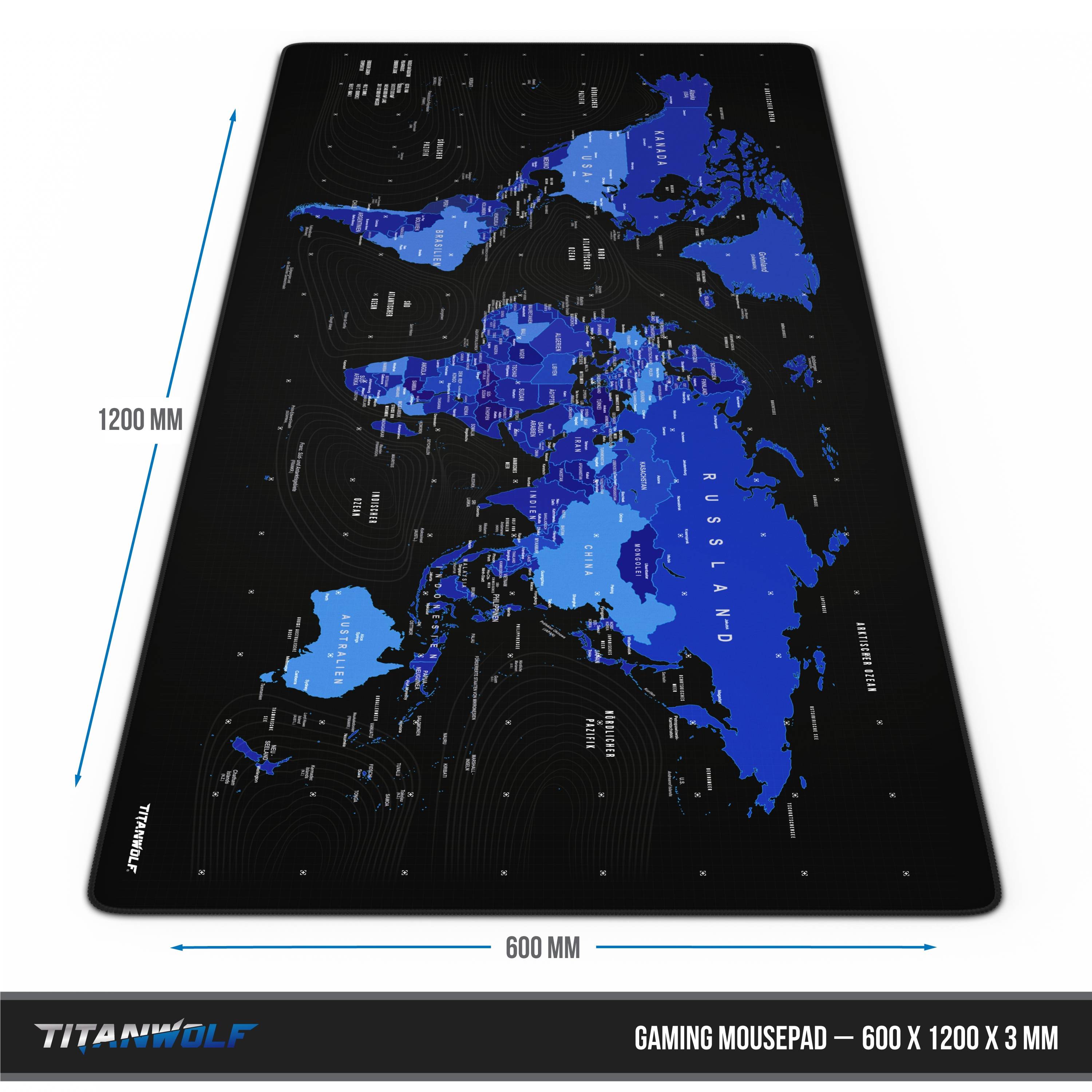 Titanwolf Gaming Mauspad, XXXL Speed Mousepad 1200 x 600 mm, Geschwindigkeit & Präzision, Weltkarte blau