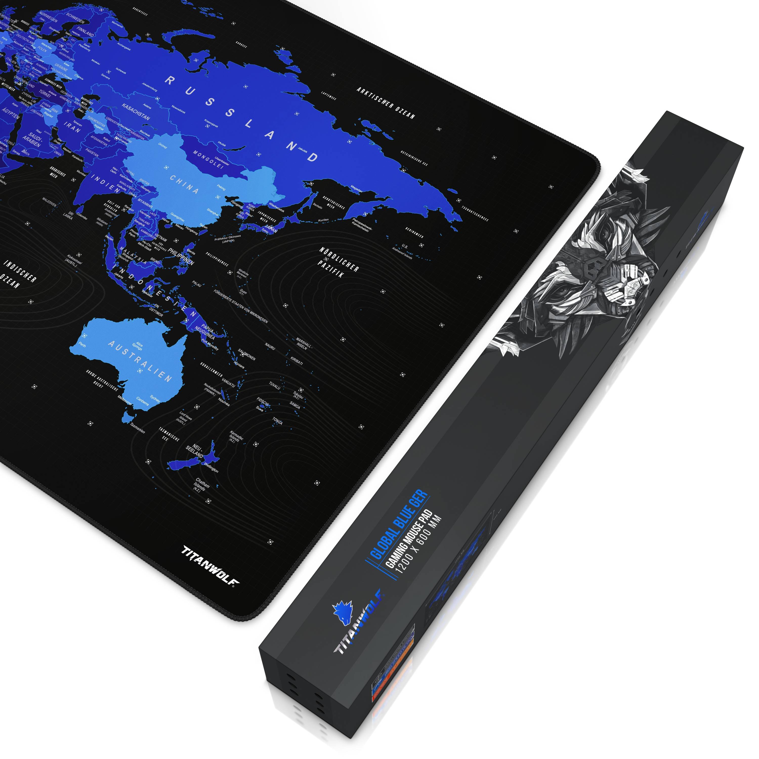 Titanwolf Gaming Mauspad, XXXL Speed Mousepad 1200 x 600 mm, Geschwindigkeit & Präzision, Weltkarte blau