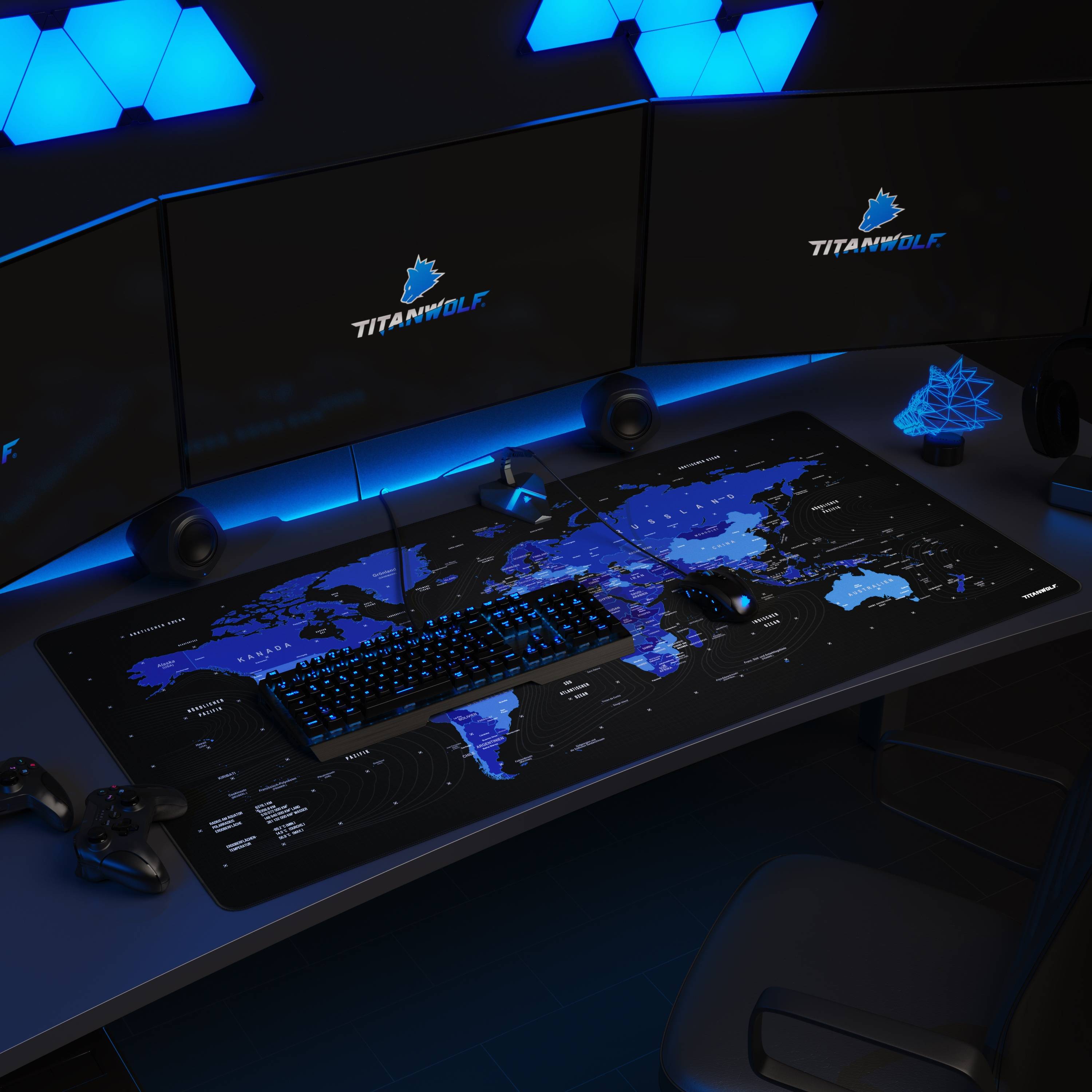 Titanwolf Gaming Mauspad, XXXL Speed Mousepad 1200 x 600 mm, Geschwindigkeit & Präzision, Weltkarte blau