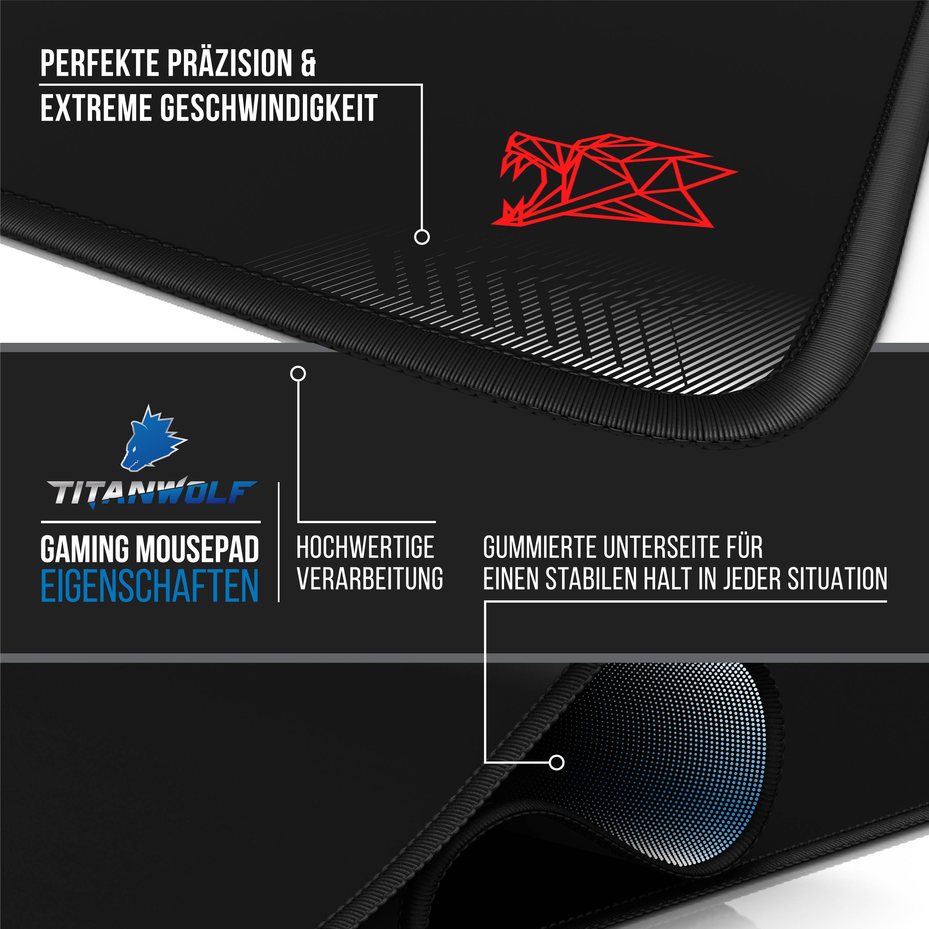 Titanwolf Gaming Mauspad, XXL Speed Gaming Mousepad / Extragroße Fläche von 900 x 400mm, Icon rot