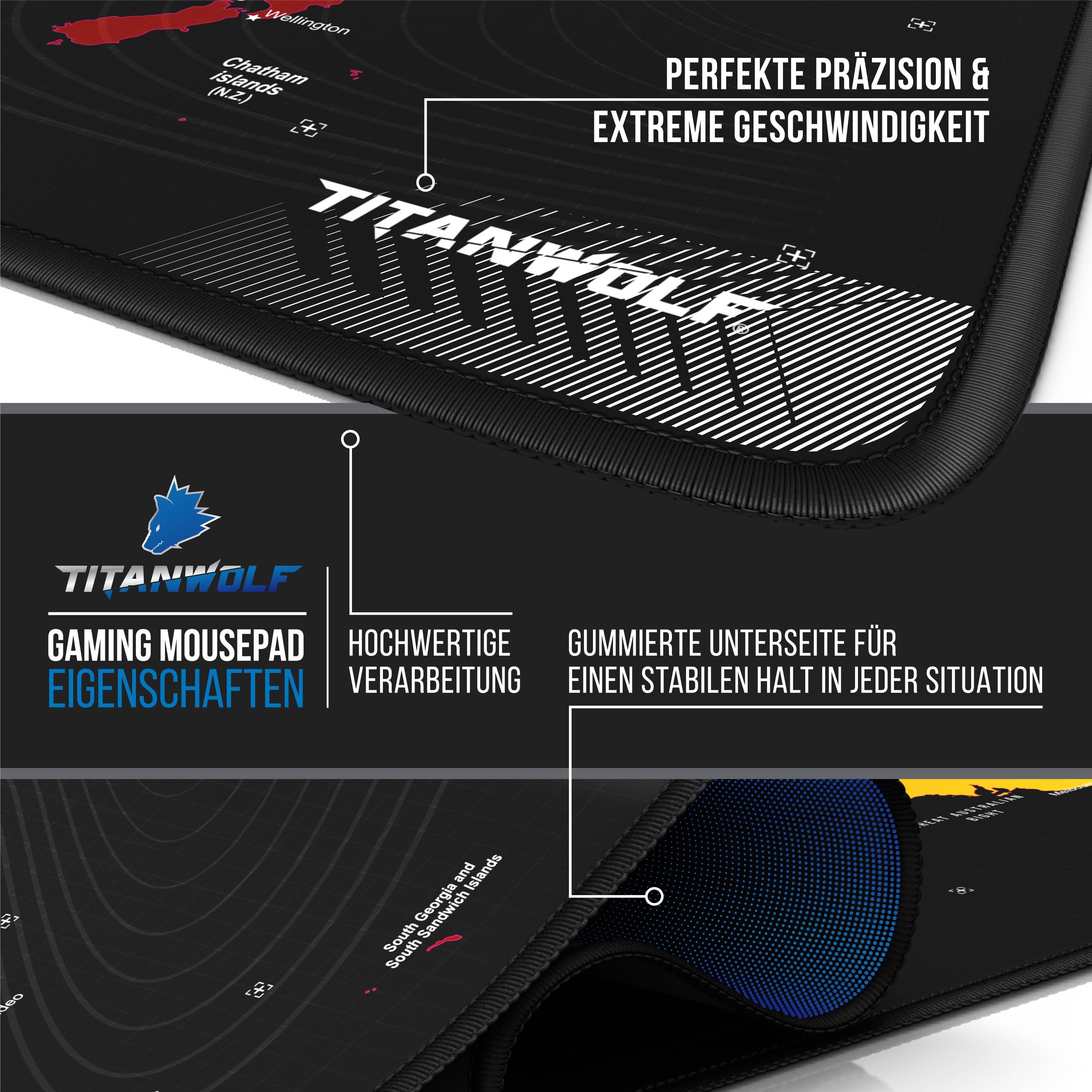 Titanwolf Gaming Mauspad XXL, glattes Stoffgewebe, Speed Mousepad 900 x 400mm große Fläche, Weltkarte rot