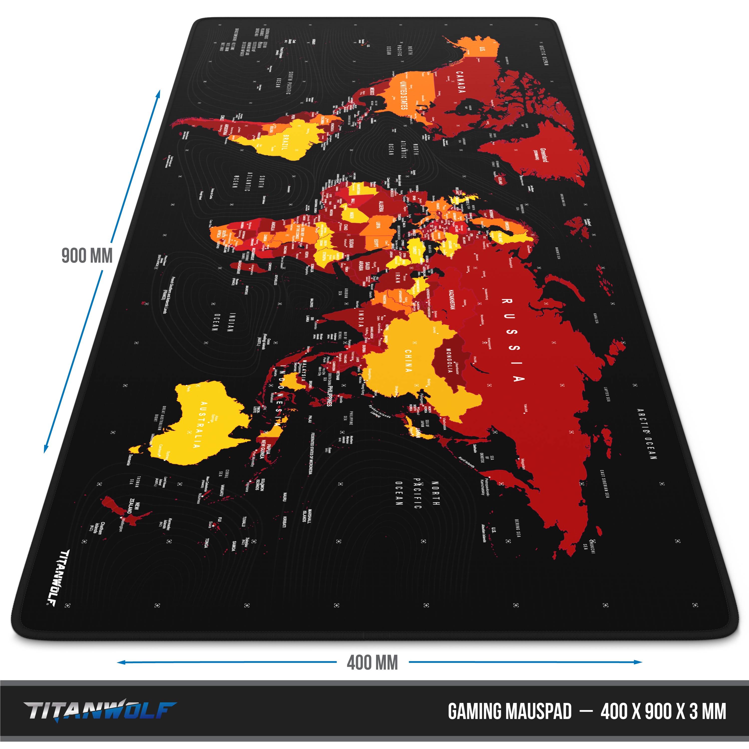 Titanwolf Gaming Mauspad XXL, glattes Stoffgewebe, Speed Mousepad 900 x 400mm große Fläche, Weltkarte rot