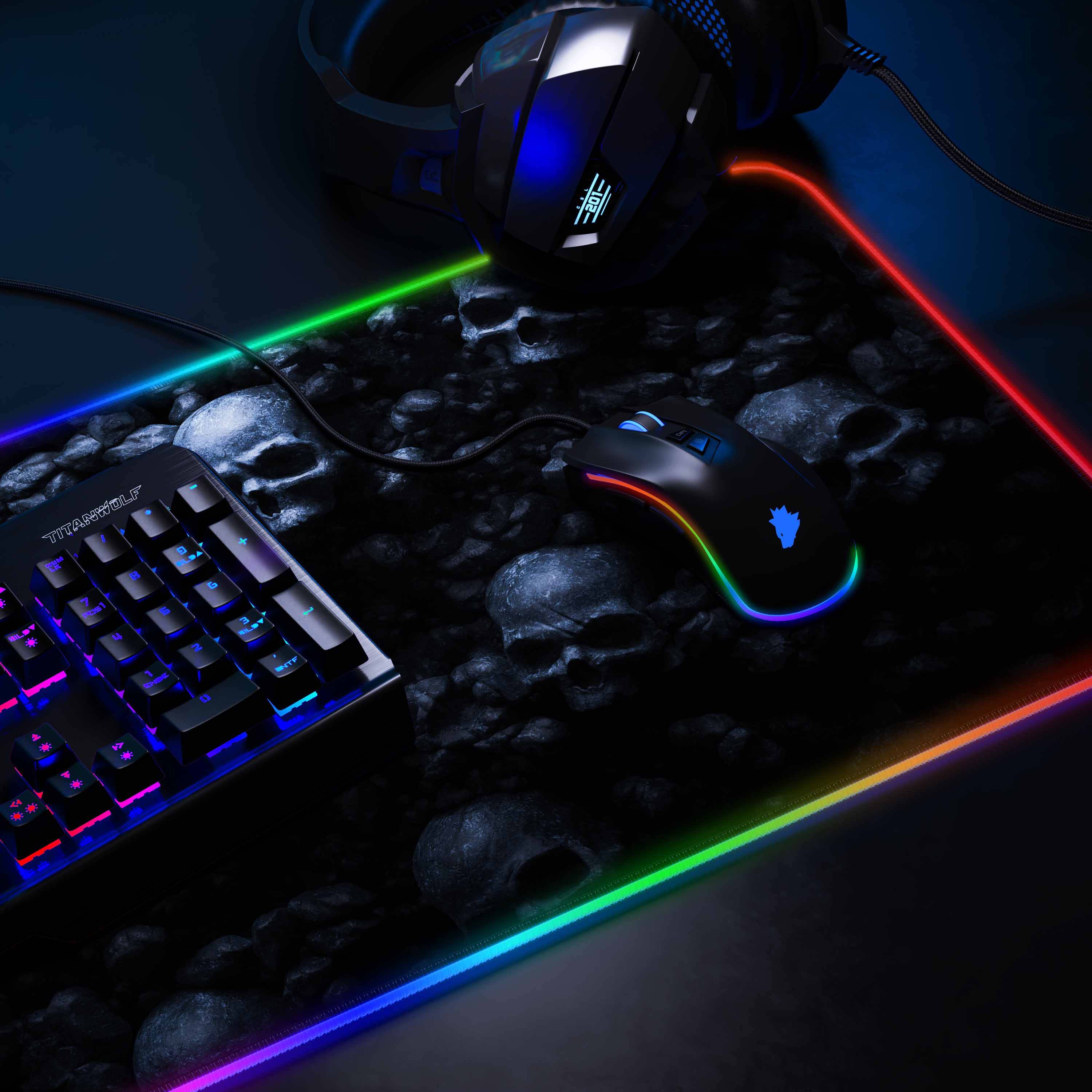 Titanwolf RGB Gaming Mauspad, Mousepad XL 800 x 300mm verbessert Präzision & Geschwindigkeit, Skulls
