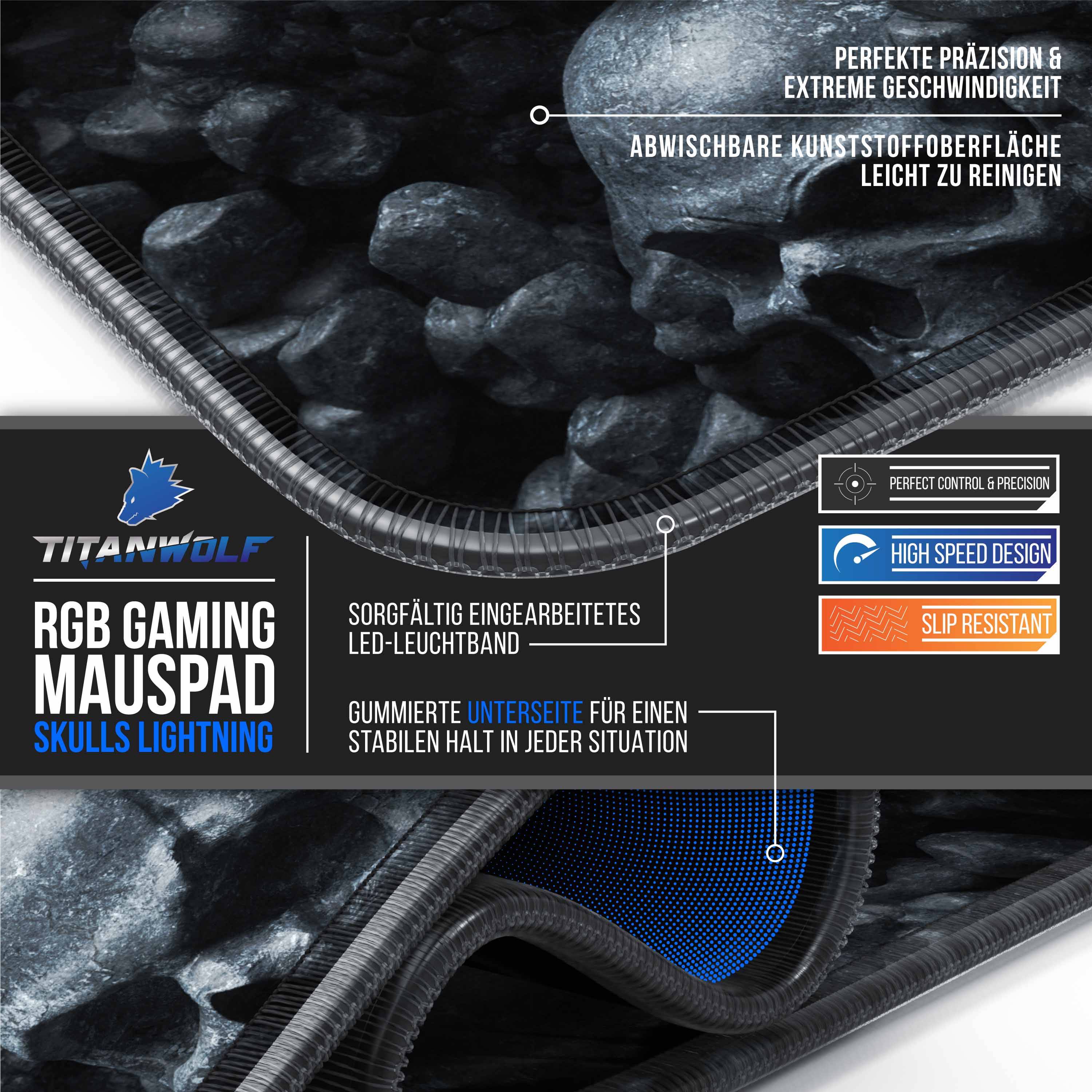 Titanwolf RGB Gaming Mauspad, Mousepad XL 800 x 300mm verbessert Präzision & Geschwindigkeit, Skulls
