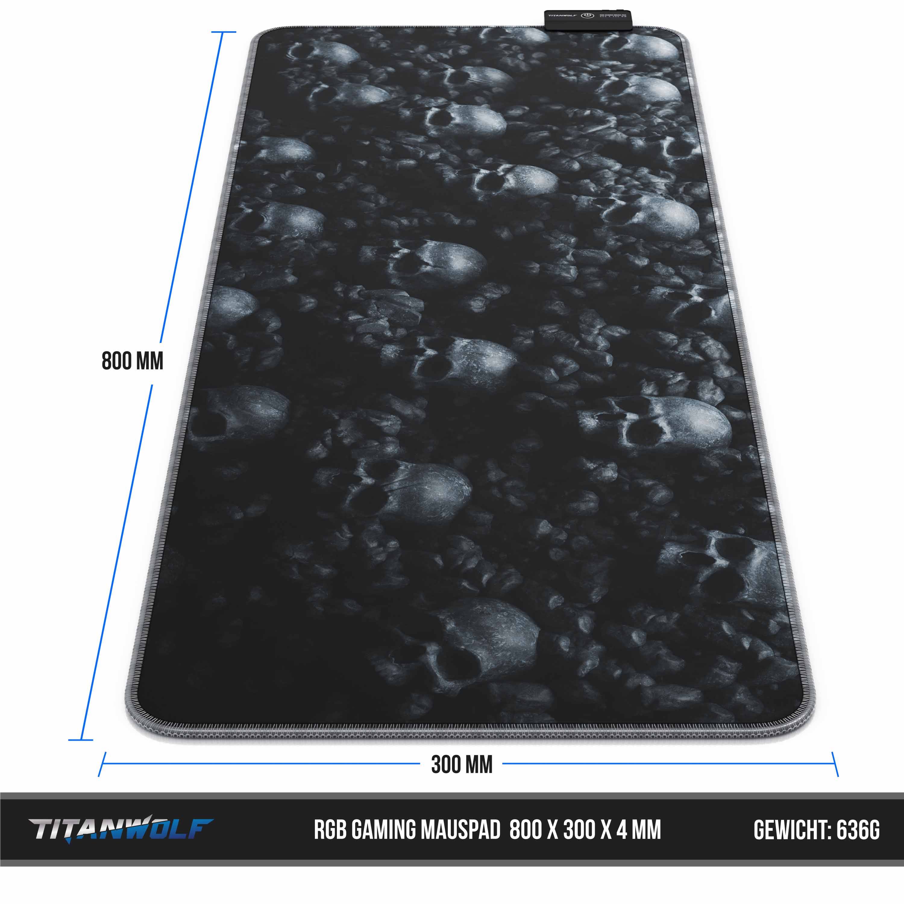 Titanwolf RGB Gaming Mauspad, Mousepad XL 800 x 300mm verbessert Präzision & Geschwindigkeit, Skulls