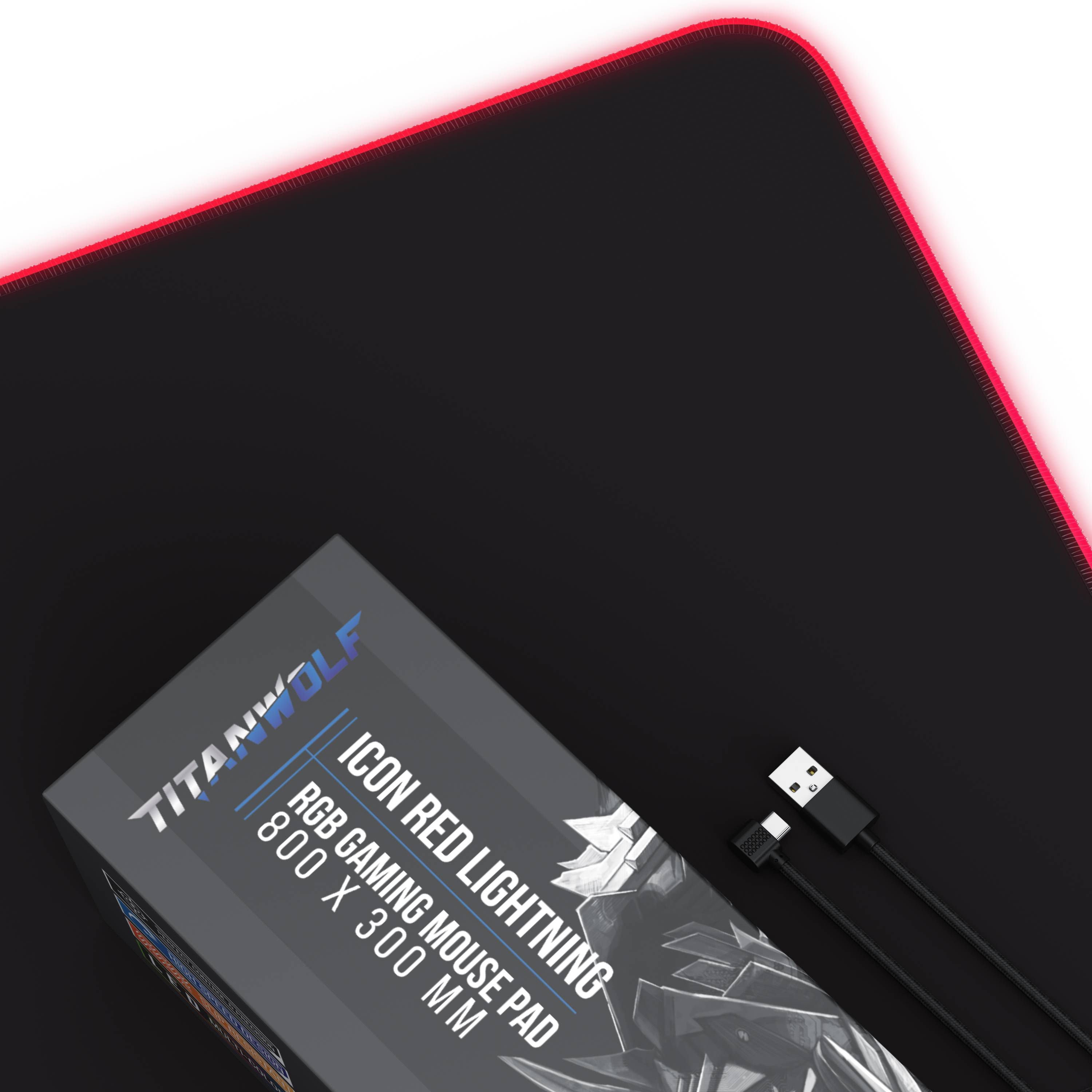 Titanwolf RGB Gaming Mauspad, Mousepad XL 800 x 300mm verbessert Präzision & Geschwindigkeit, Emblem rot