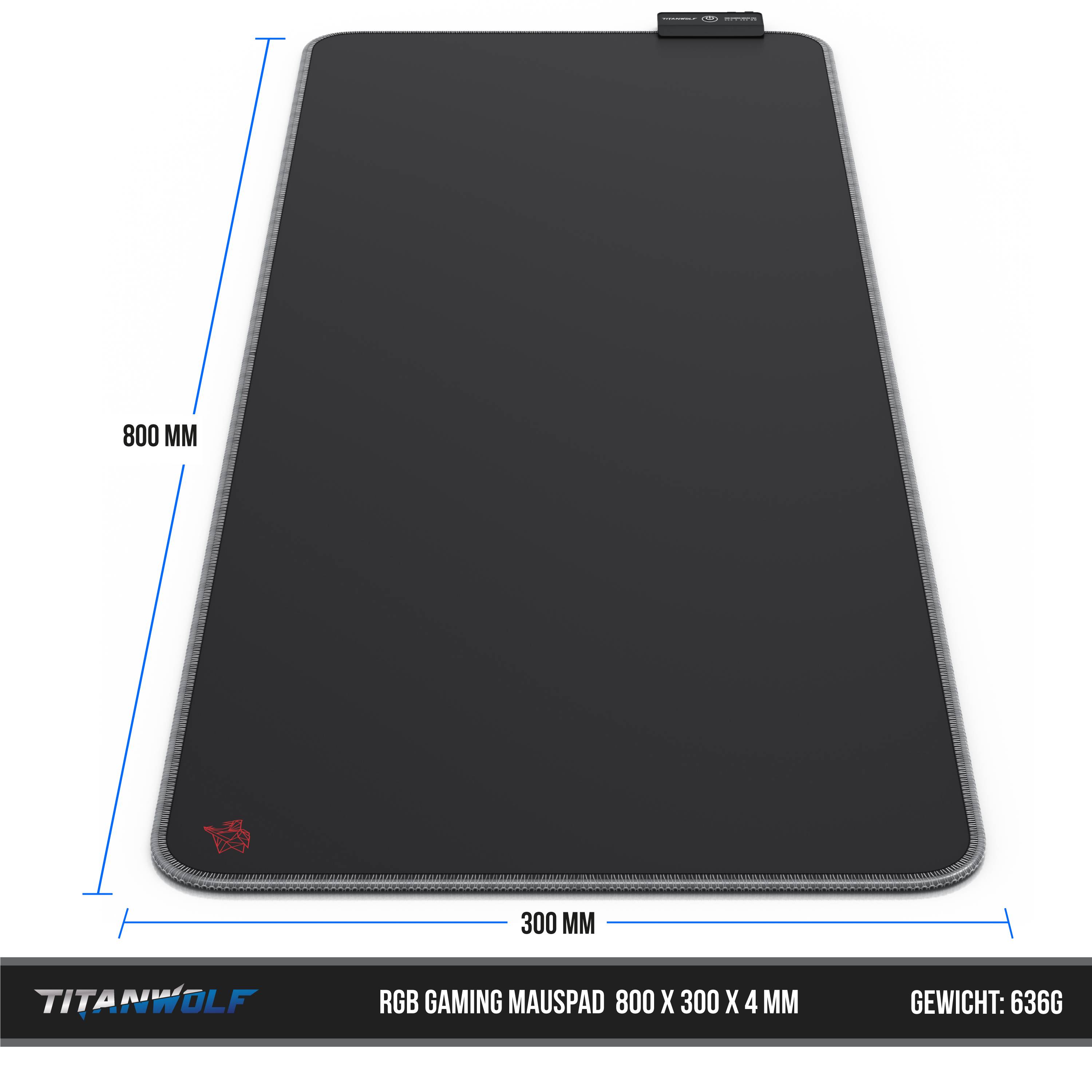 Titanwolf RGB Gaming Mauspad, Mousepad XL 800 x 300mm verbessert Präzision & Geschwindigkeit, Emblem rot