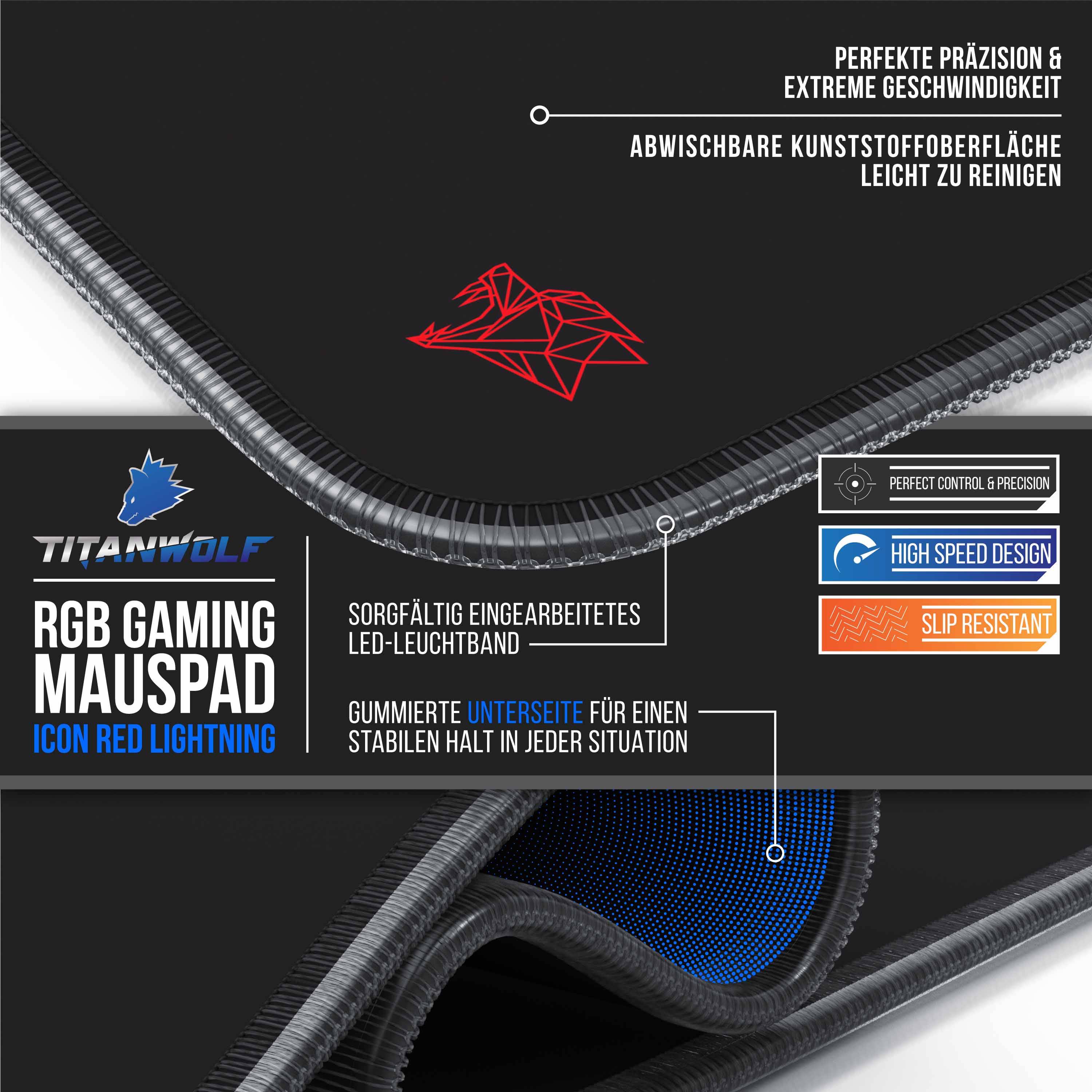 Titanwolf RGB Gaming Mauspad, Mousepad XL 800 x 300mm verbessert Präzision & Geschwindigkeit, Emblem rot