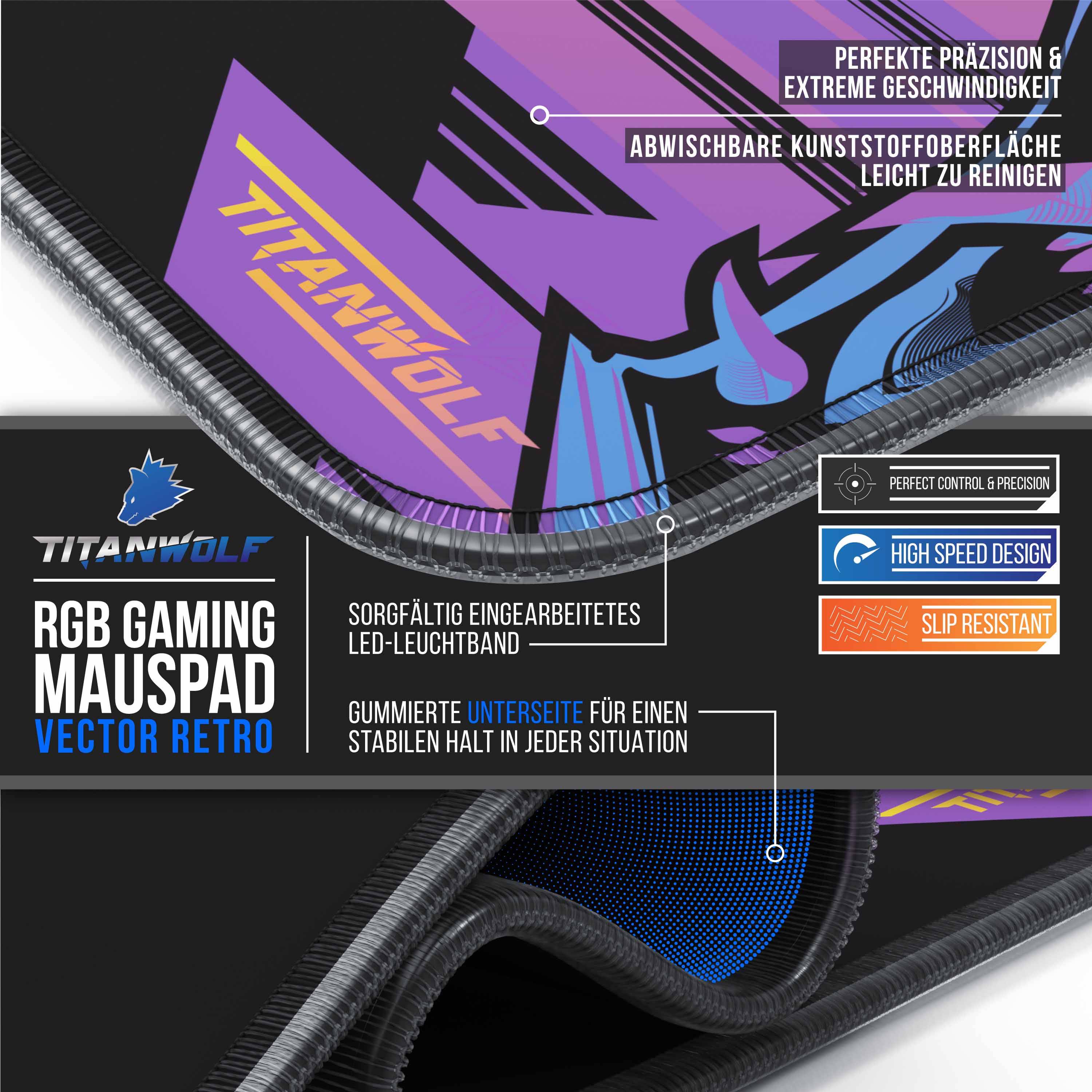 Titanwolf RGB Gaming Mauspad, Mousepad XL 800 x 300mm verbessert Präzision & Geschwindigkeit, Vector Gradient