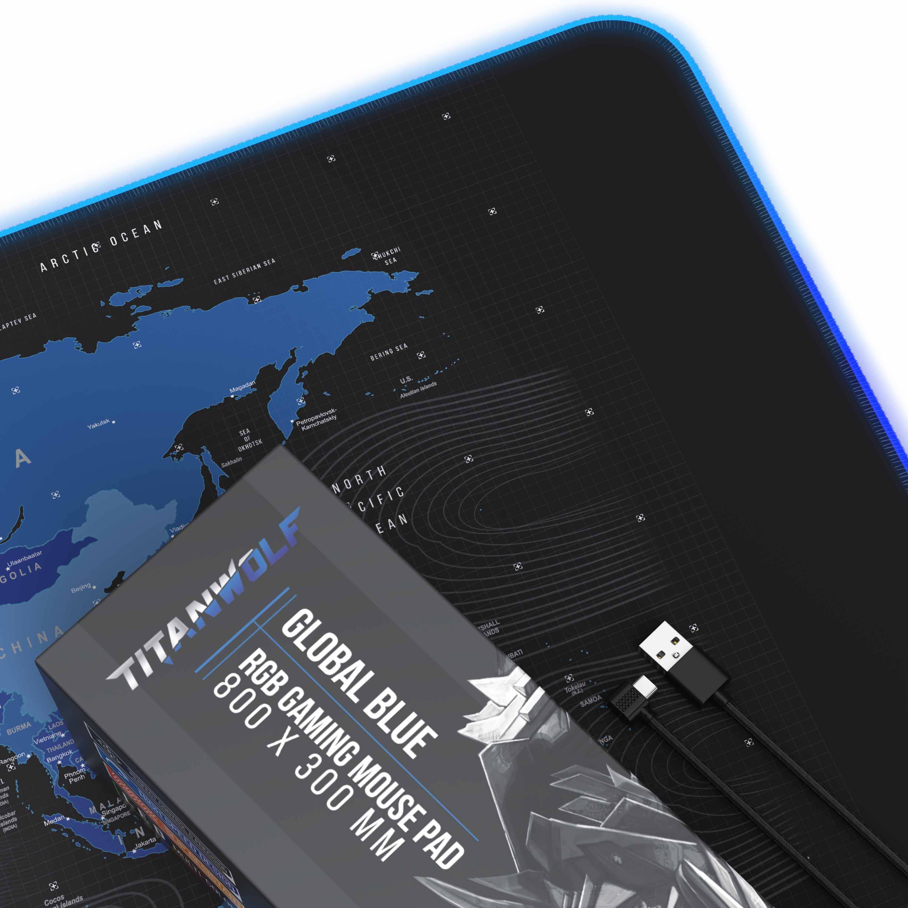 Titanwolf RGB Gaming Mauspad, Mousepad XL 800 x 300mm verbessert Präzision & Geschwindigkeit, Weltkarte blau