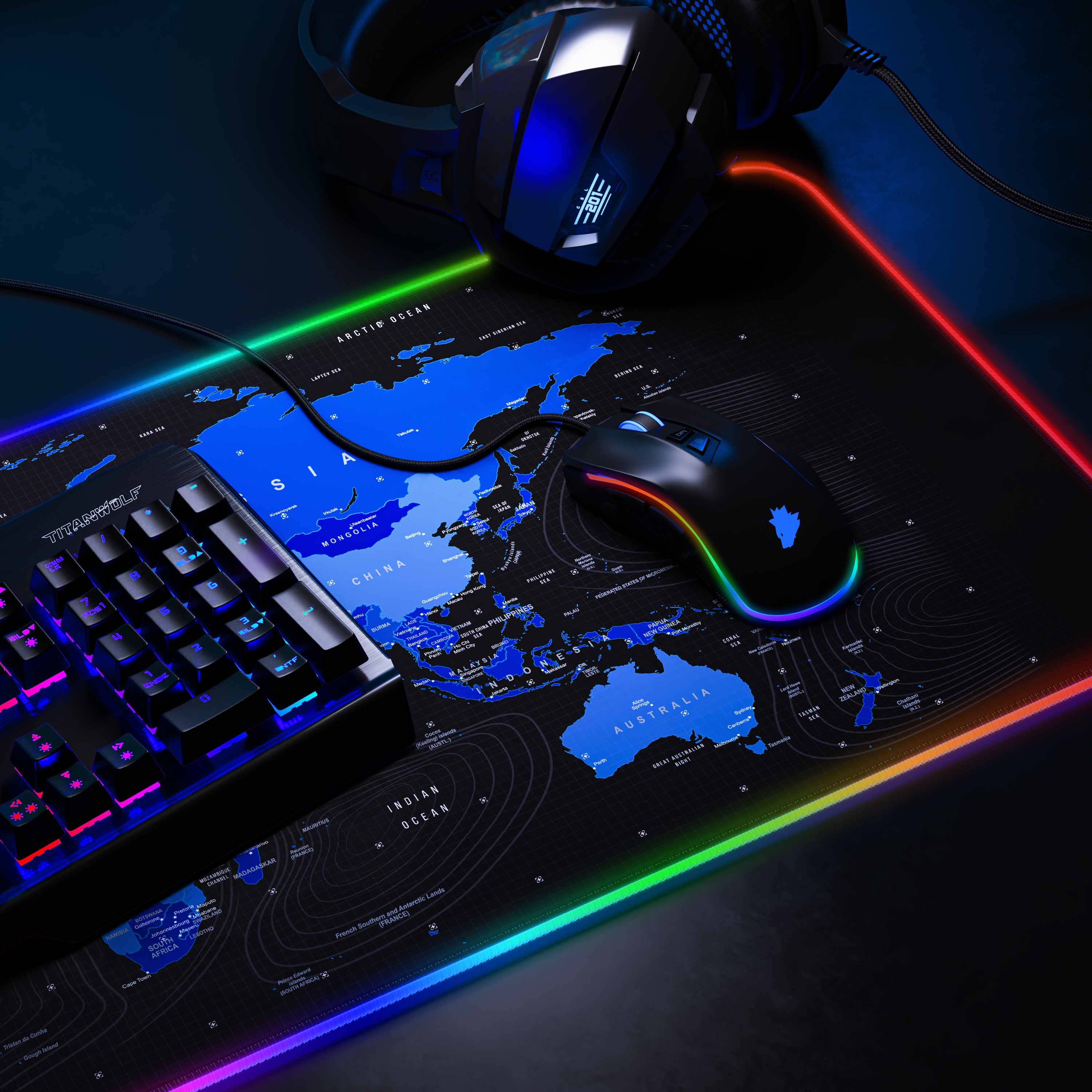 Titanwolf RGB Gaming Mauspad, Mousepad XL 800 x 300mm verbessert Präzision & Geschwindigkeit, Weltkarte blau