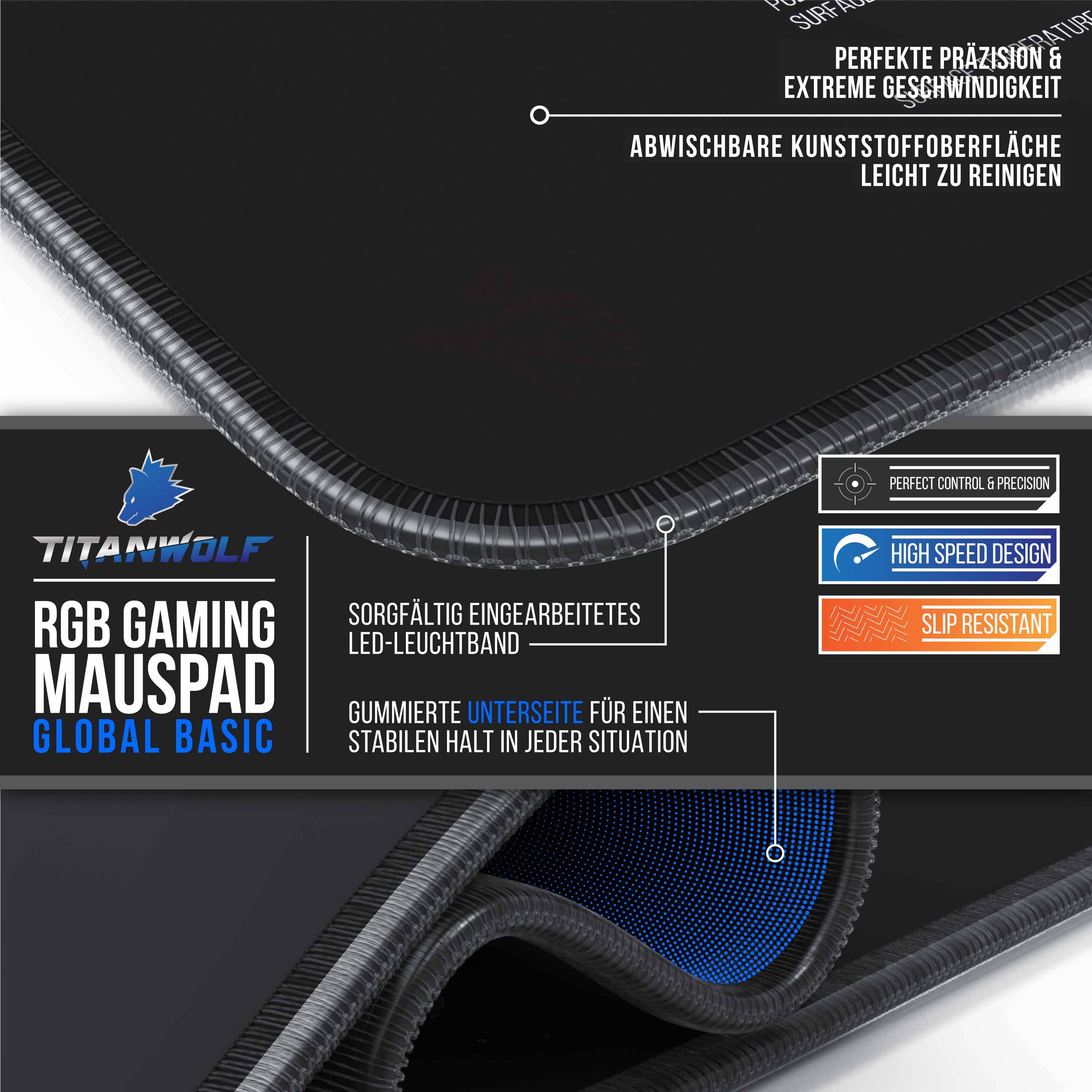 Titanwolf RGB Gaming Mauspad, Mousepad XL 800 x 300mm, verbessert Präzision & Geschwindigkeit, Weltkarte