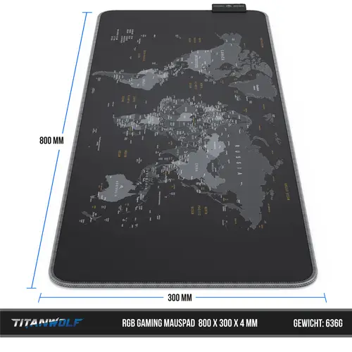 Titanwolf RGB Gaming Mauspad, Mousepad XL 800 x 300mm, verbessert Präzision & Geschwindigkeit, Weltkarte Titanwolf RGB Gaming Mauspad, Mousepad XL 800 x 300mm, verbessert Präzision & Geschwindigkeit, Weltkarte