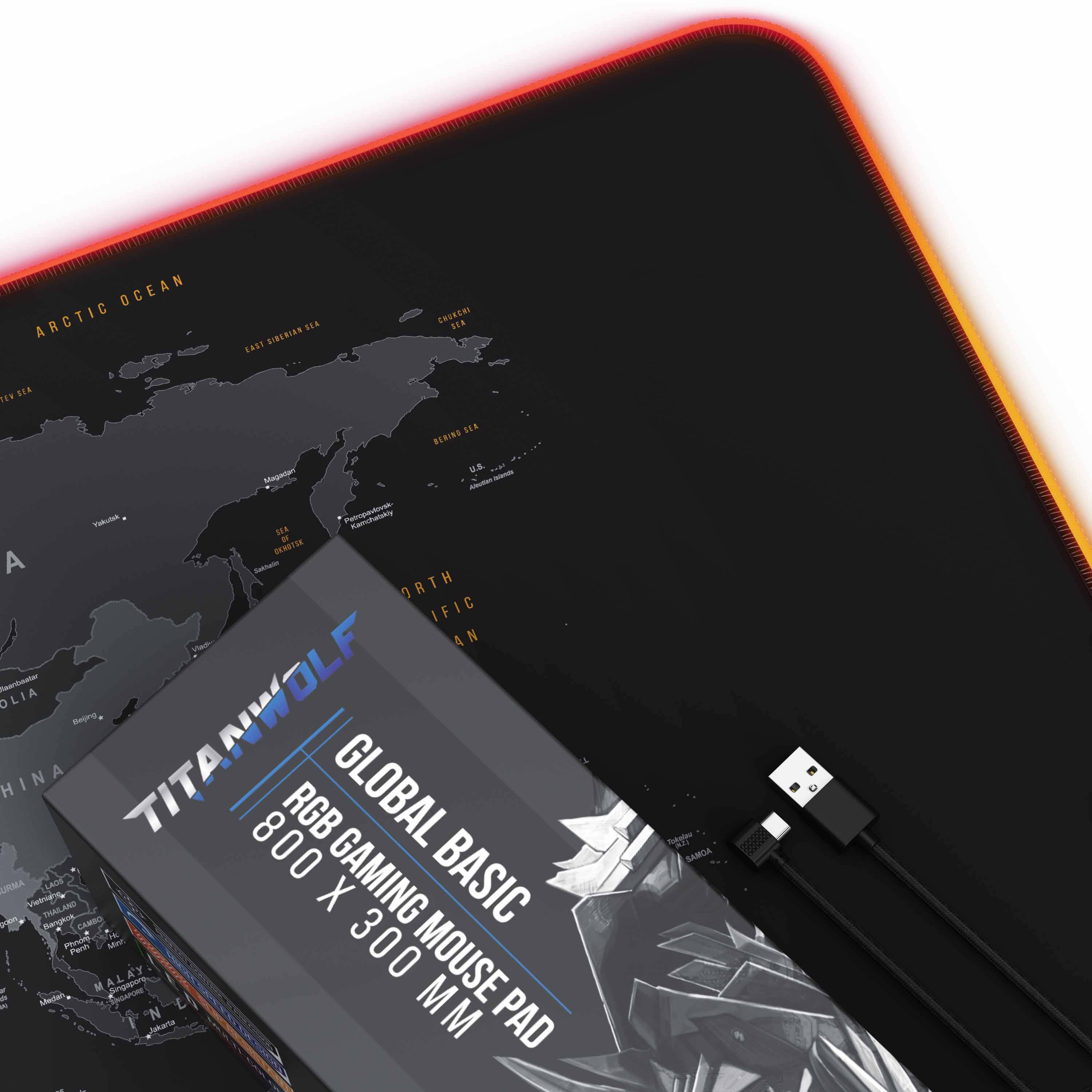 Titanwolf RGB Gaming Mauspad, Mousepad XL 800 x 300mm, verbessert Präzision & Geschwindigkeit, Weltkarte