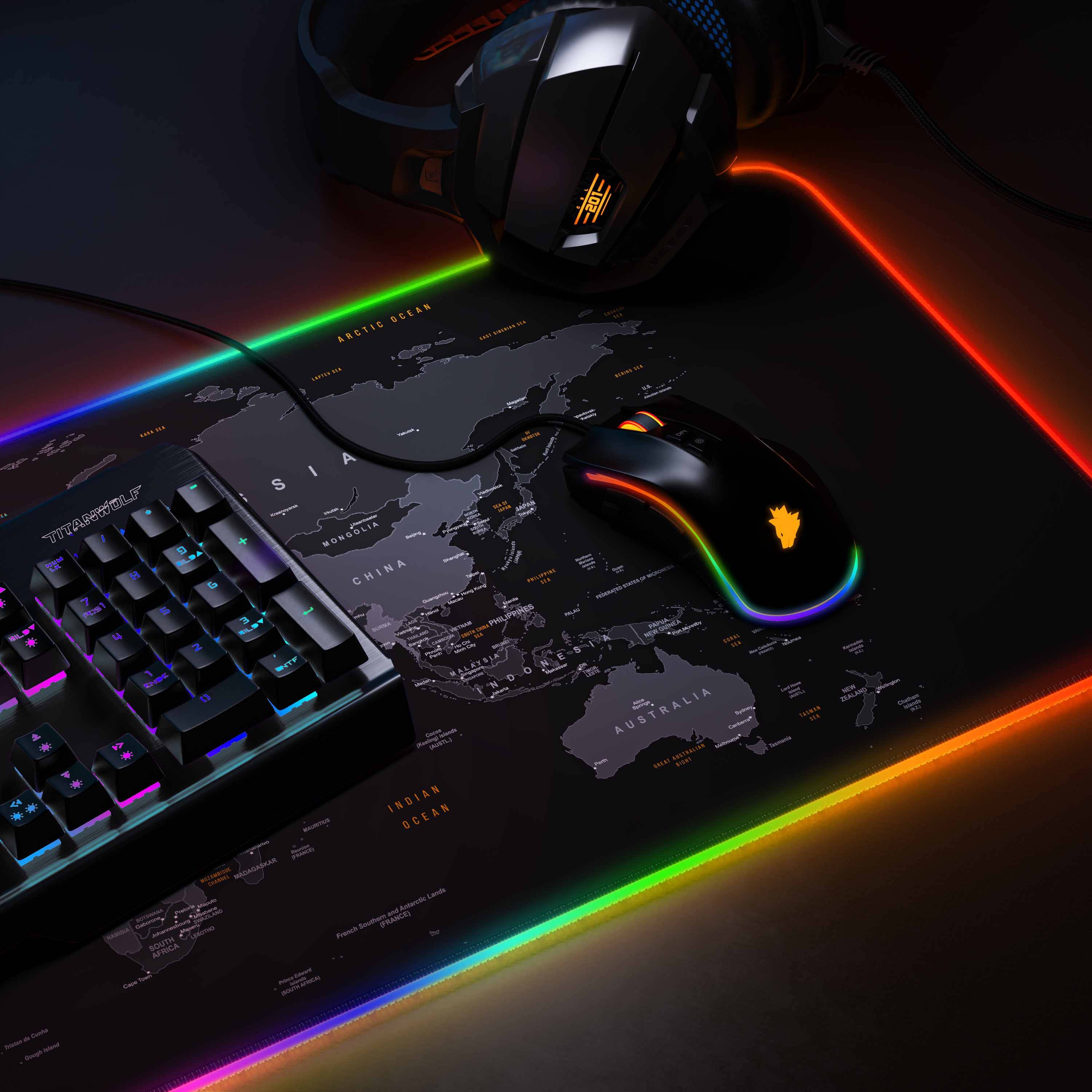 Titanwolf RGB Gaming Mauspad, Mousepad XL 800 x 300mm, verbessert Präzision & Geschwindigkeit, Weltkarte