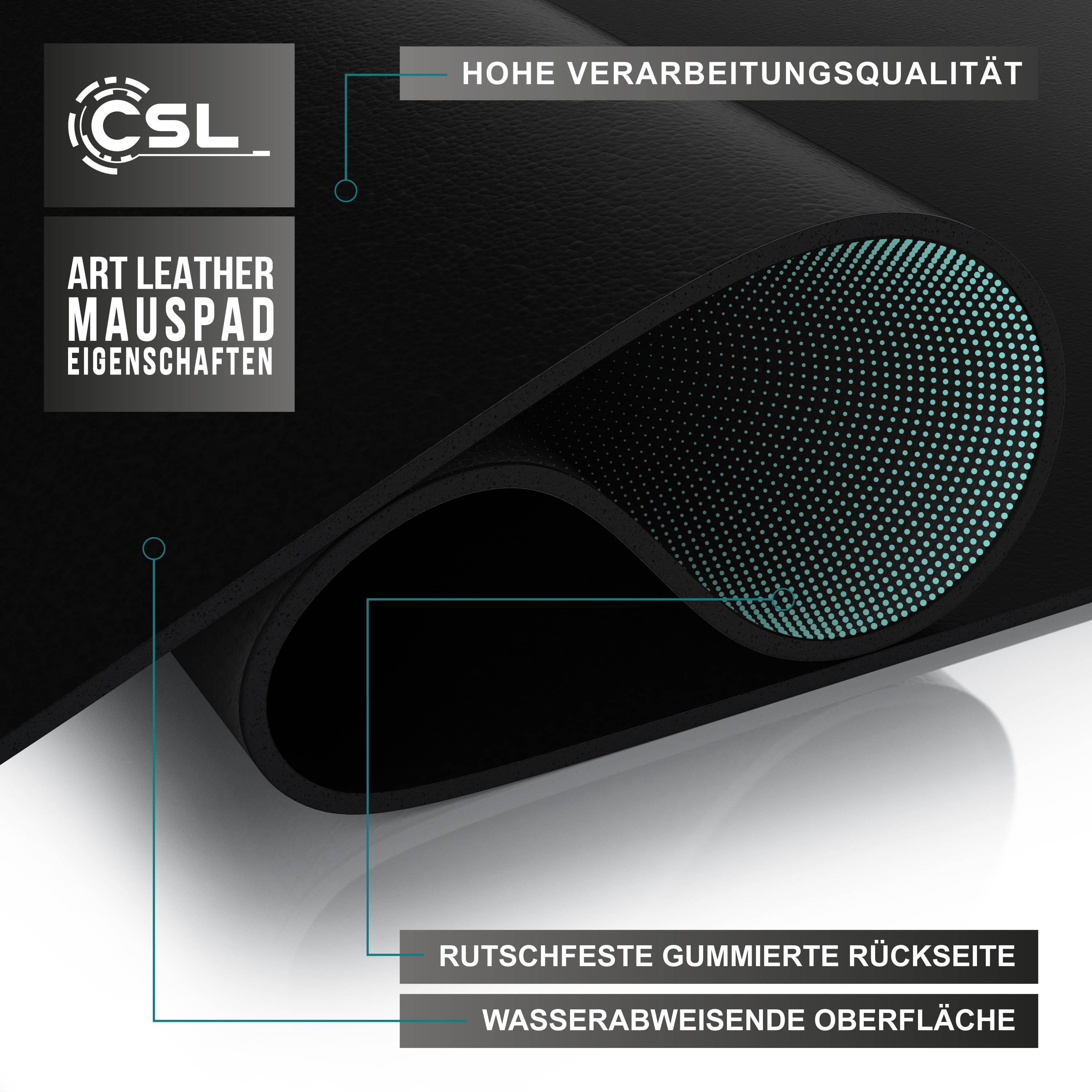 CSL Mauspad, Schreibtischunterlage XXL, Elegante Leder Optik, Mousepad 900 x 400 mm, schwarz mit Logo