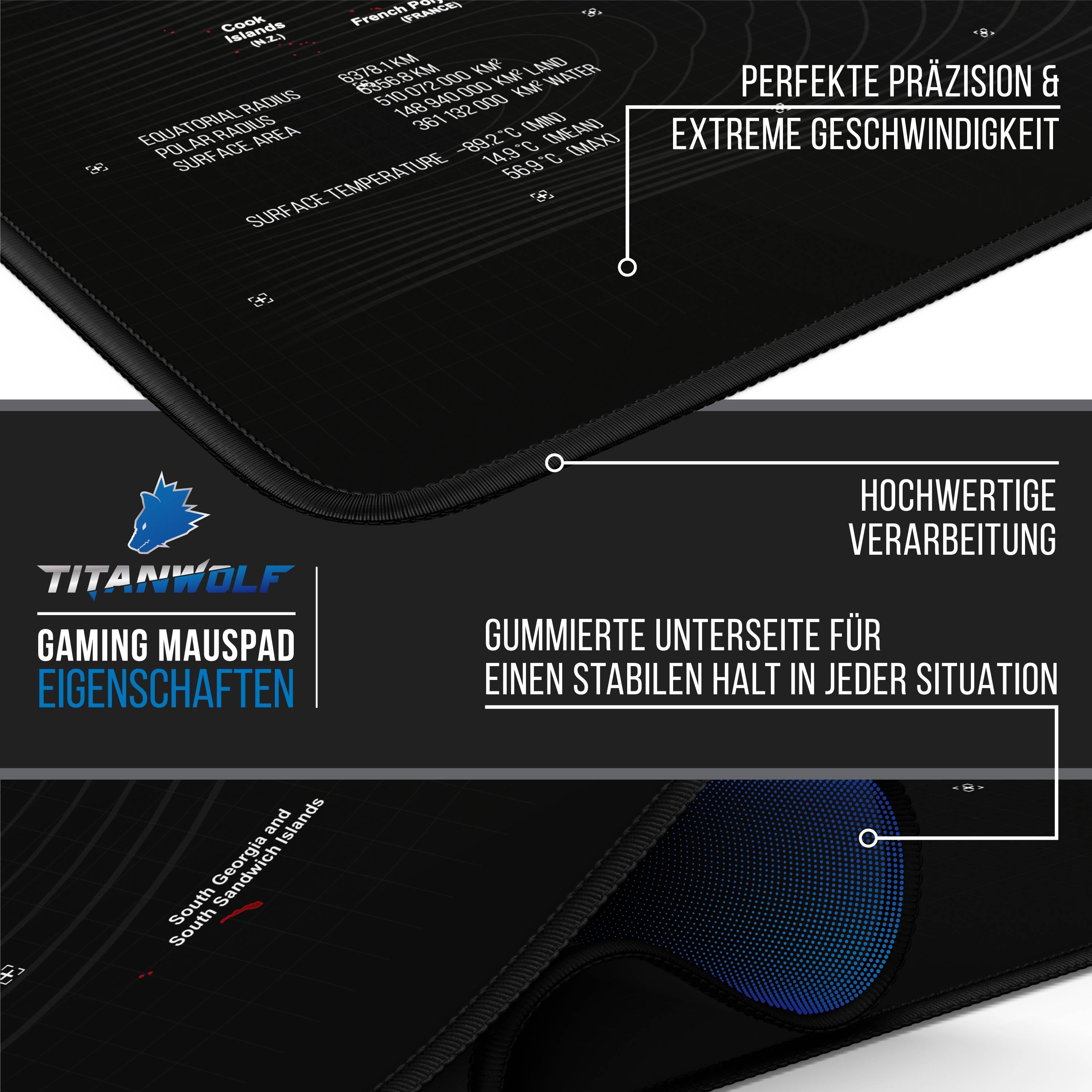 Titanwolf Gaming Mauspad, XXXL Speed Mousepad 1200 x 600 mm, Geschwindigkeit & Präzision, Weltkarte rot