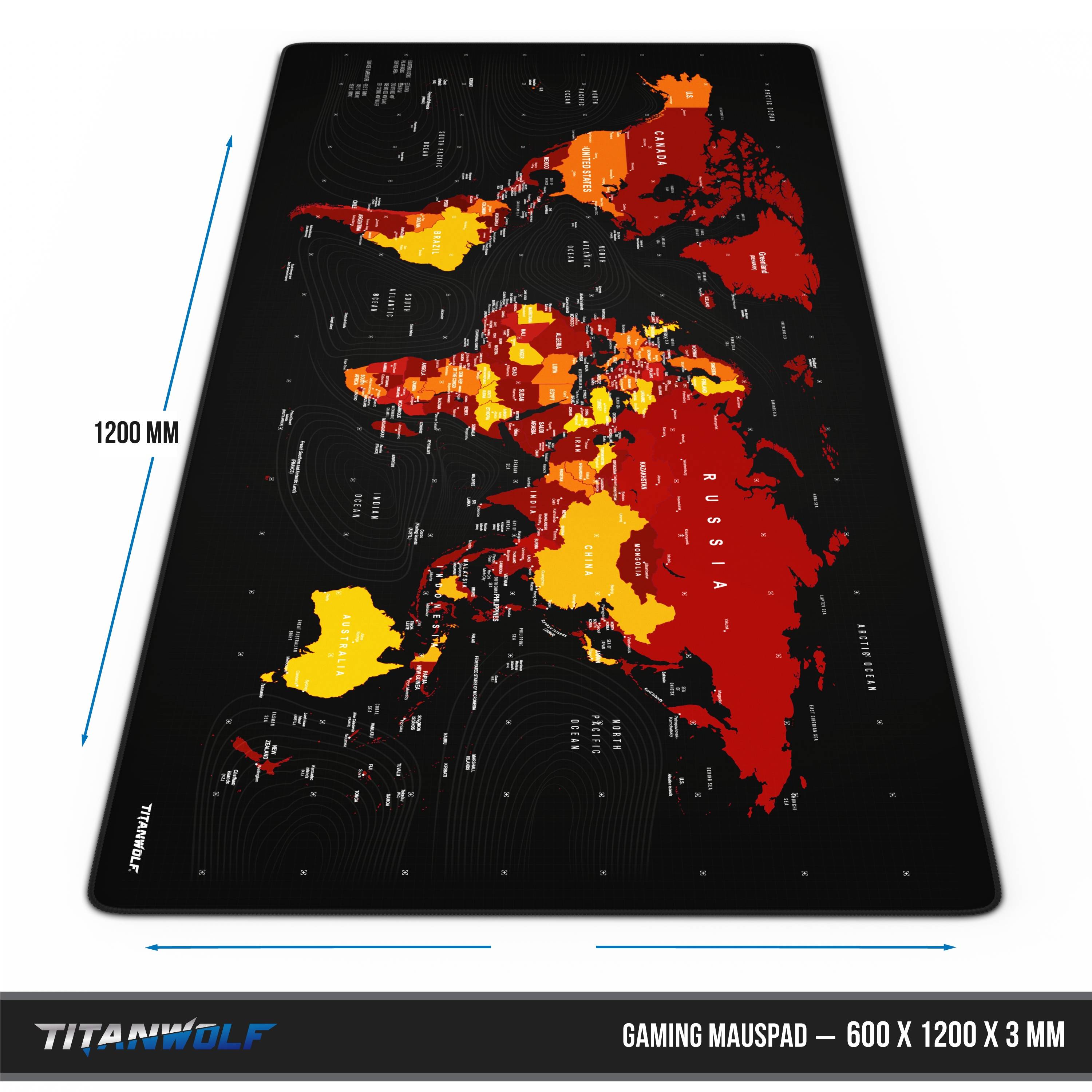 Titanwolf Gaming Mauspad, XXXL Speed Mousepad 1200 x 600 mm, Geschwindigkeit & Präzision, Weltkarte rot