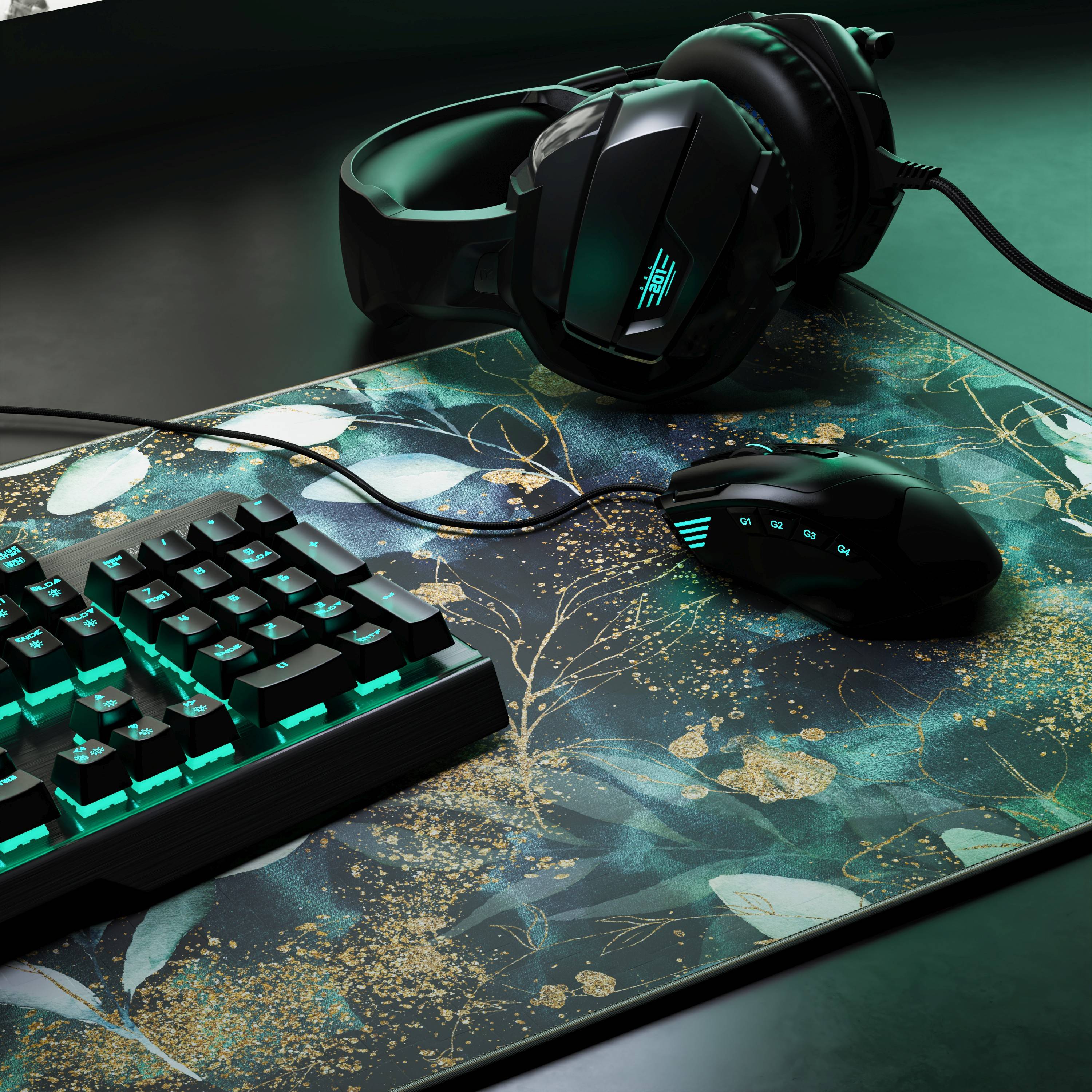 CSL Gaming Mauspad, XXL, 900 x 400 x 3 mm, Schreibtischunterlage, extralarge, waschbar, Gold Floral