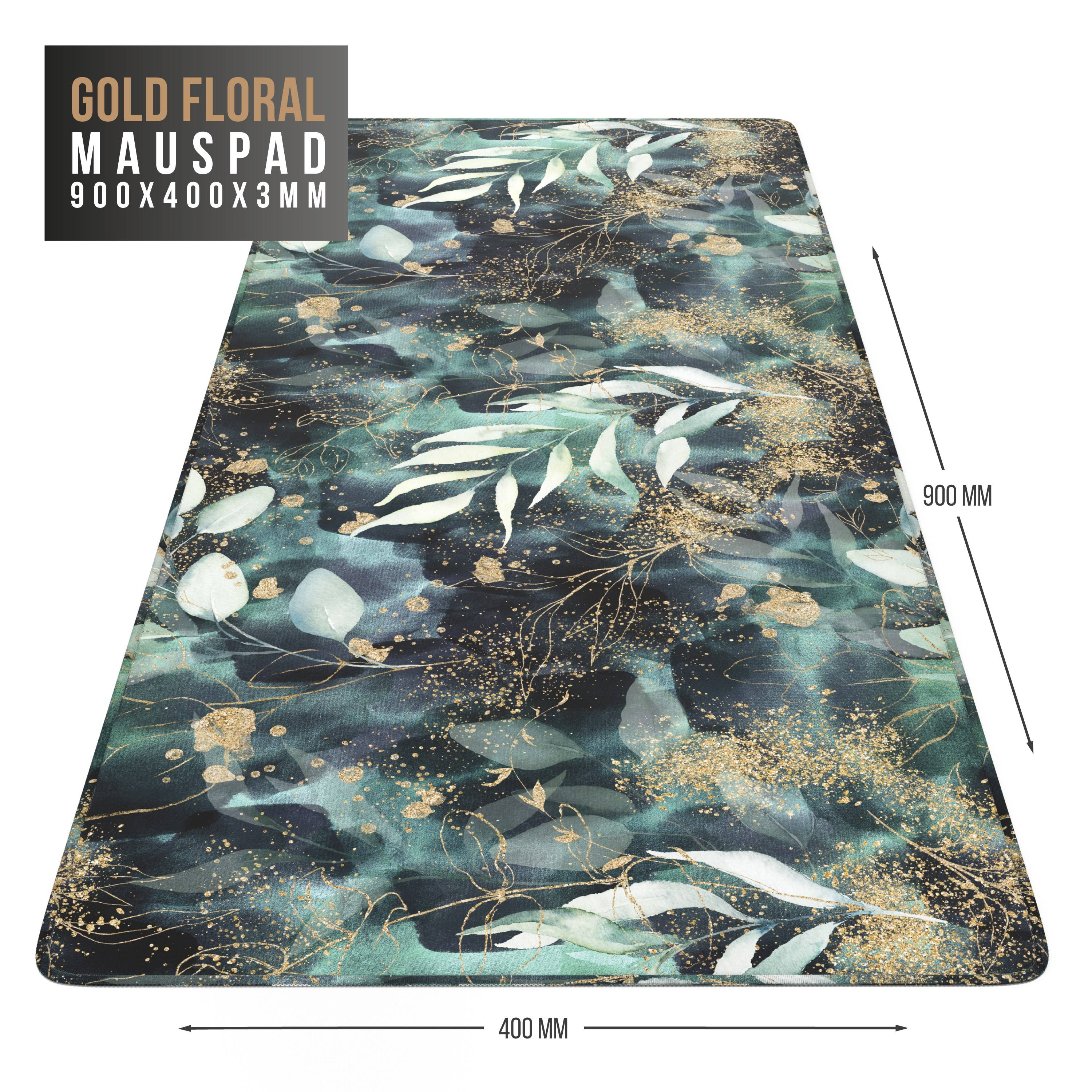 CSL Gaming Mauspad, XXL, 900 x 400 x 3 mm, Schreibtischunterlage, extralarge, waschbar, Gold Floral