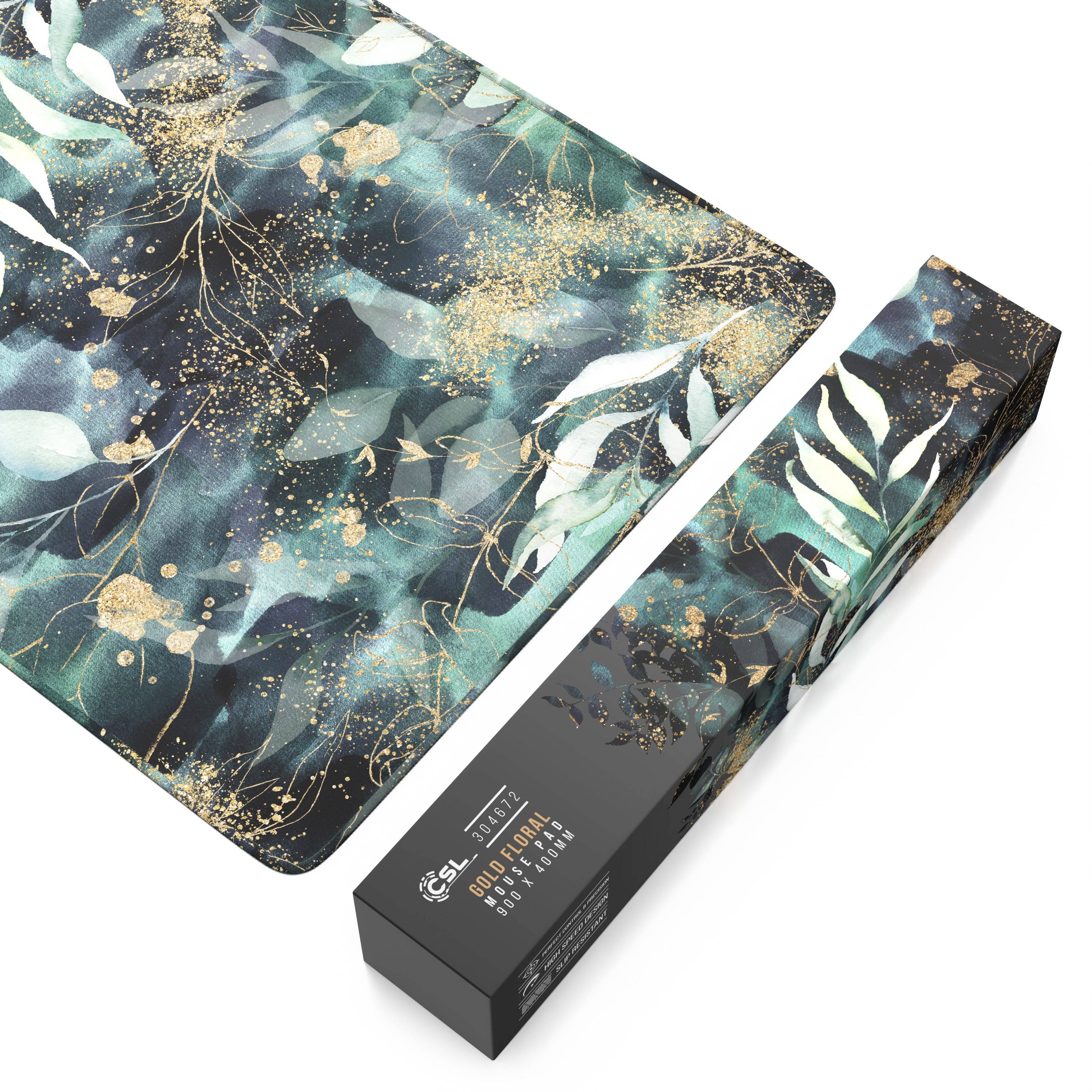 CSL Gaming Mauspad, XXL, 900 x 400 x 3 mm, Schreibtischunterlage, extralarge, waschbar, Gold Floral