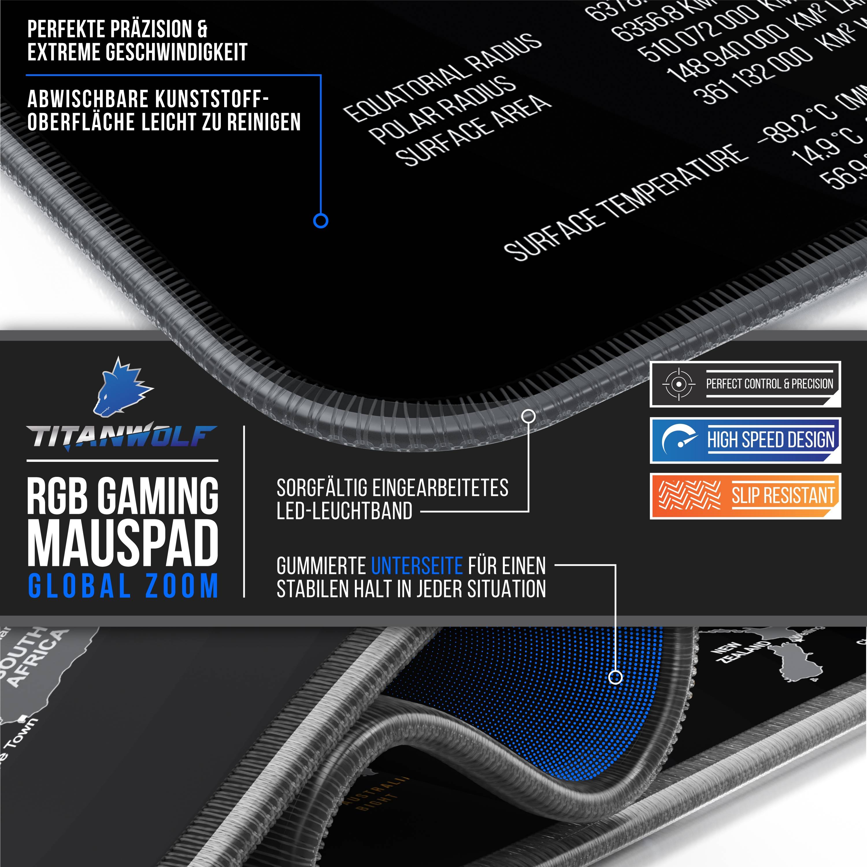Titanwolf RGB Gaming Mauspad, Mousepad XL 800 x 300mm verbessert Präzision & Geschwindigkeit, Weltkarte