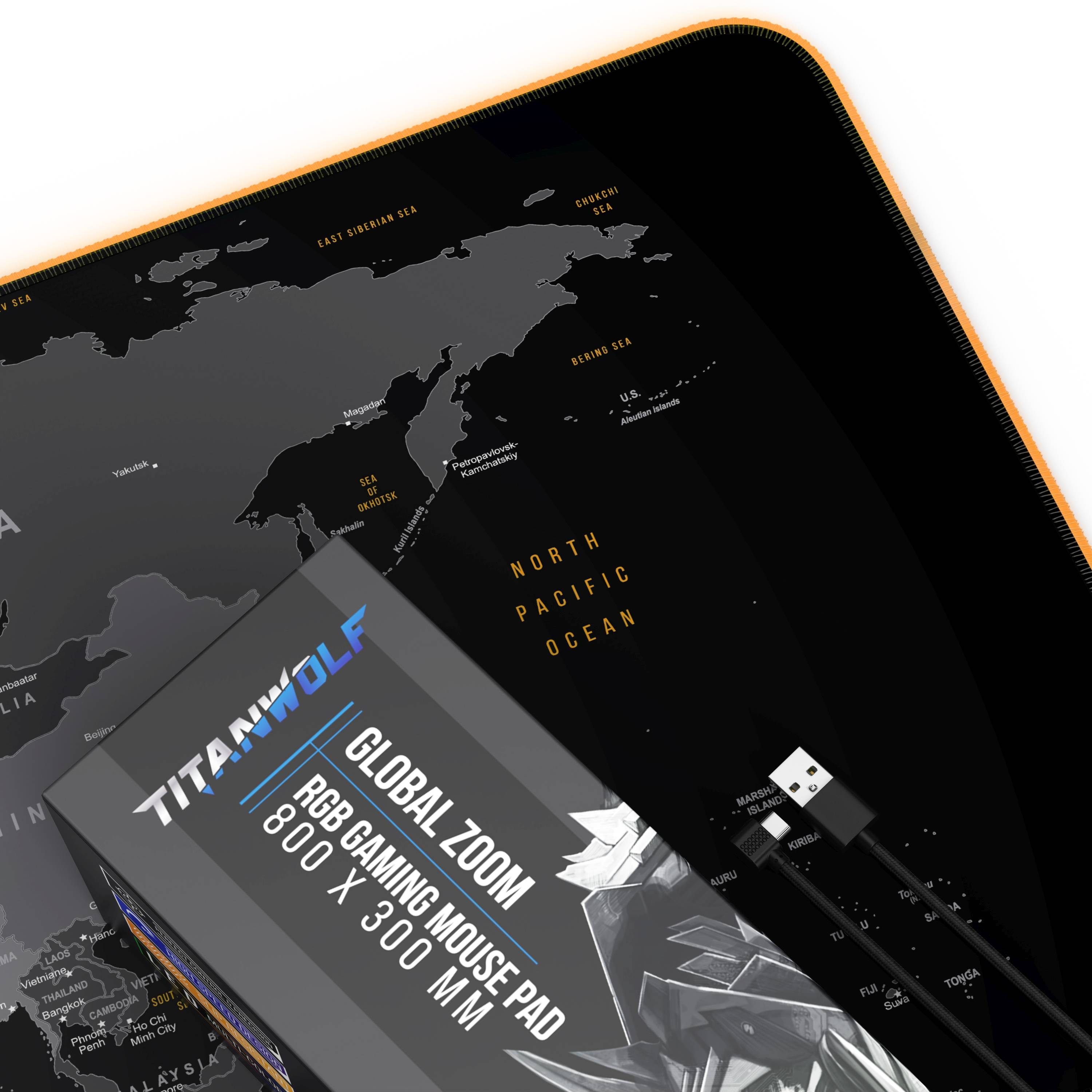 Titanwolf RGB Gaming Mauspad, Mousepad XL 800 x 300mm verbessert Präzision & Geschwindigkeit, Weltkarte