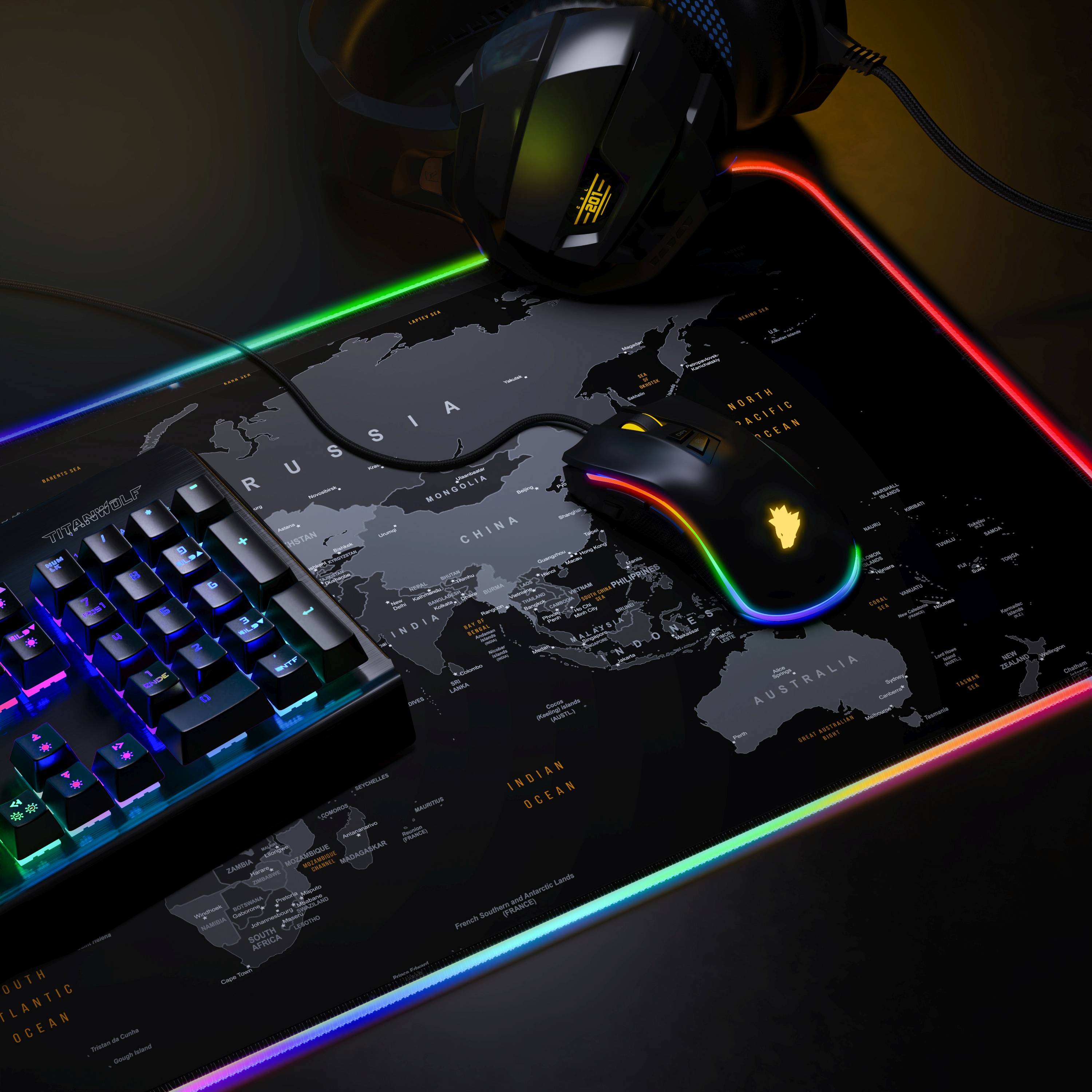 Titanwolf RGB Gaming Mauspad, Mousepad XL 800 x 300mm verbessert Präzision & Geschwindigkeit, Weltkarte