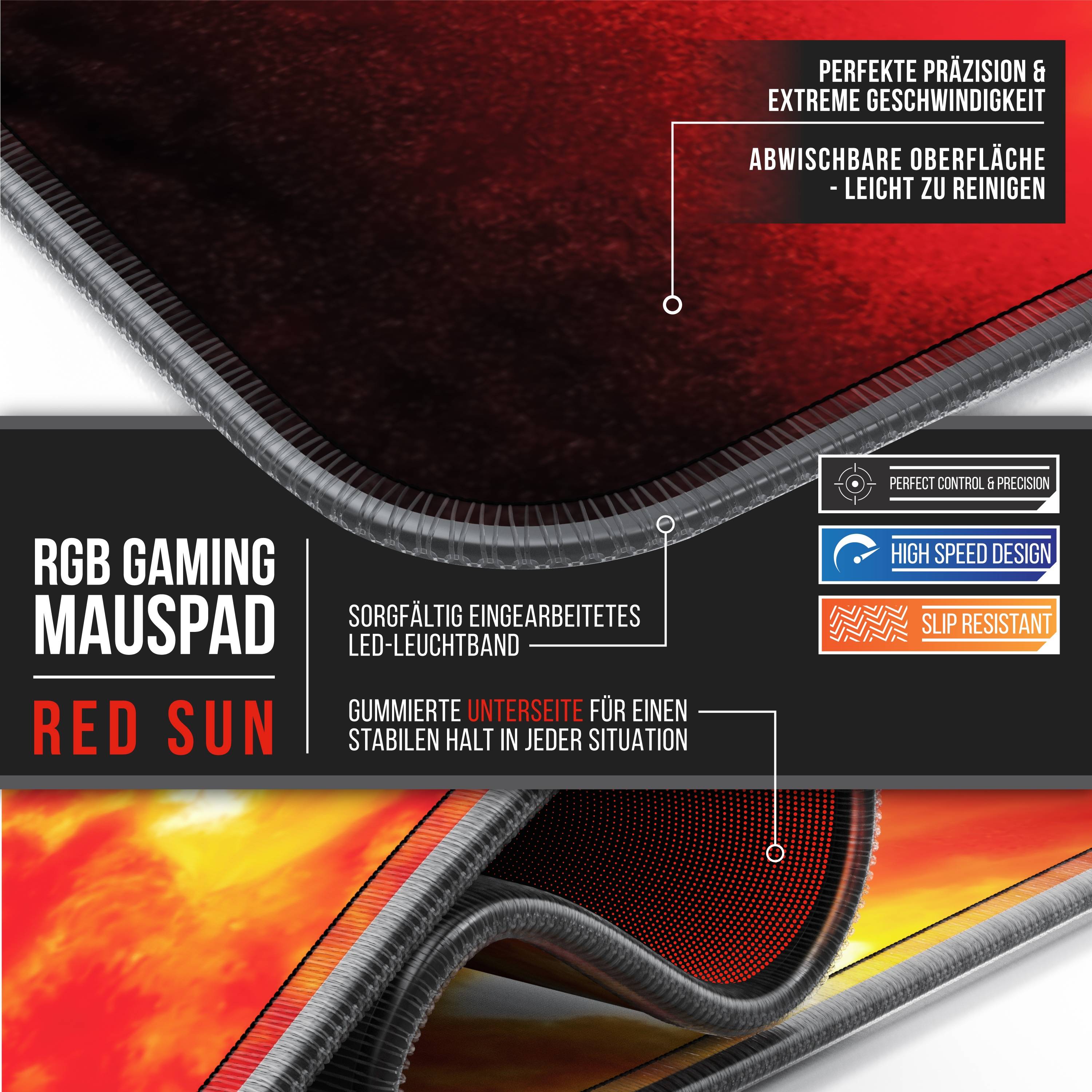 CSL RGB Gaming Mauspad, Gaming Mauspad - 800 x 300 mm XL Mousepad - LED Multi Color, Rote Sonne