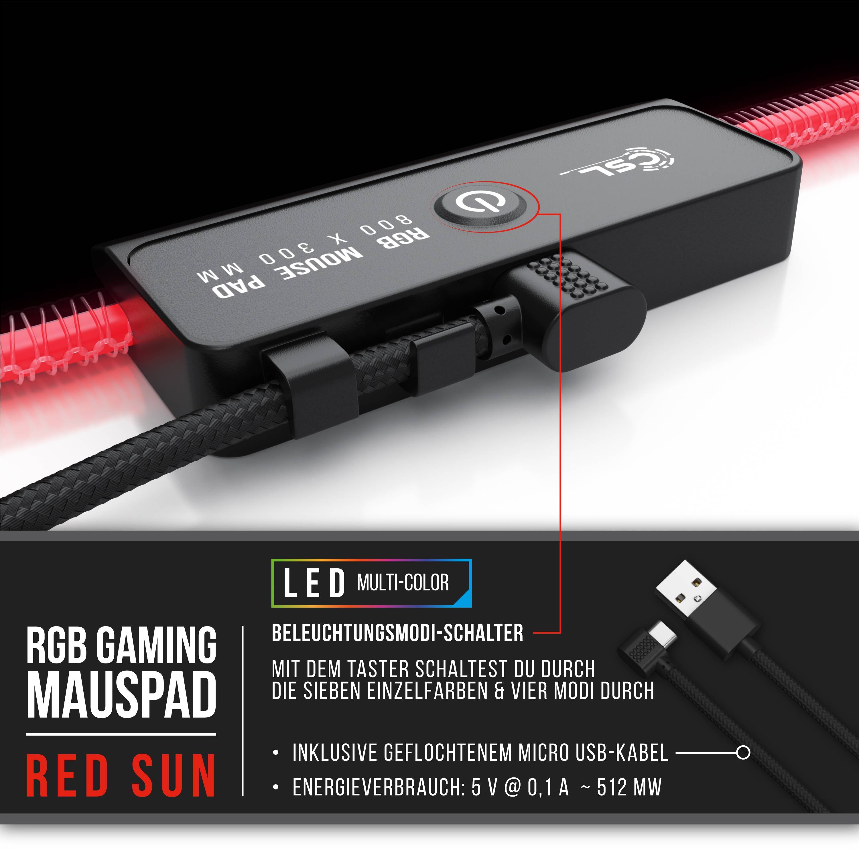 CSL RGB Gaming Mauspad, Gaming Mauspad - 800 x 300 mm XL Mousepad - LED Multi Color, Rote Sonne