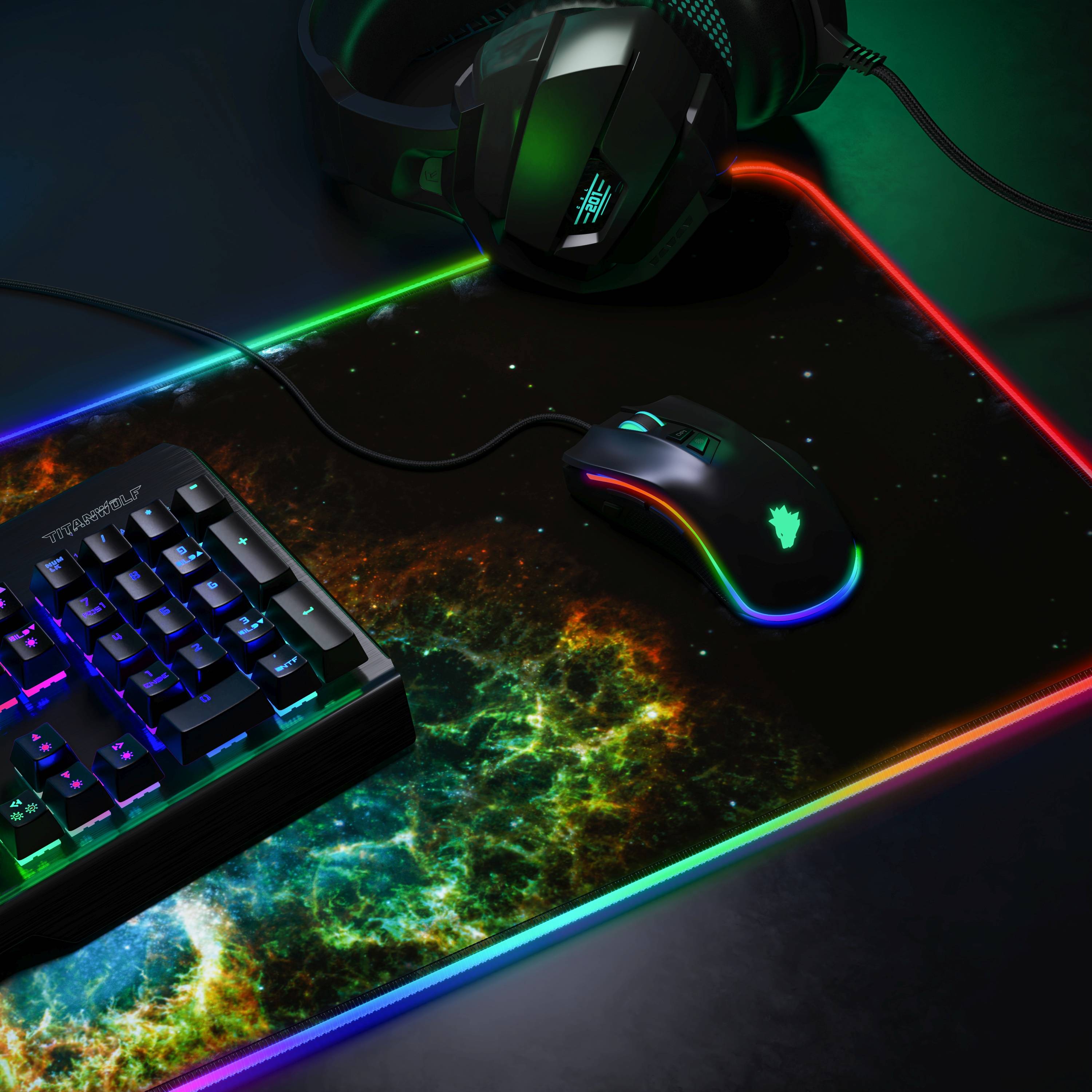 Titanwolf RGB Gaming Mauspad, Mousepad XL 800 x 300mm verbessert Präzision & Geschwindigkeit, Galaxie Grün