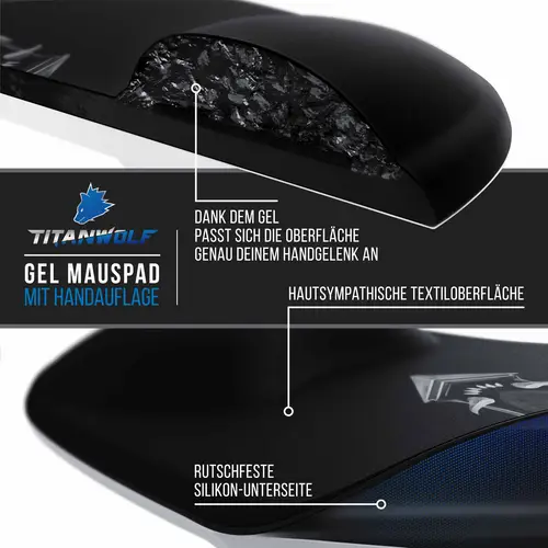 Titanwolf Gaming Mauspad mit Handgelenkauflage, Office Gel Mousepad mit Handgelenkpolster, schwarz Titanwolf Gaming Mauspad mit Handgelenkauflage, Office Gel Mousepad mit Handgelenkpolster, schwarz