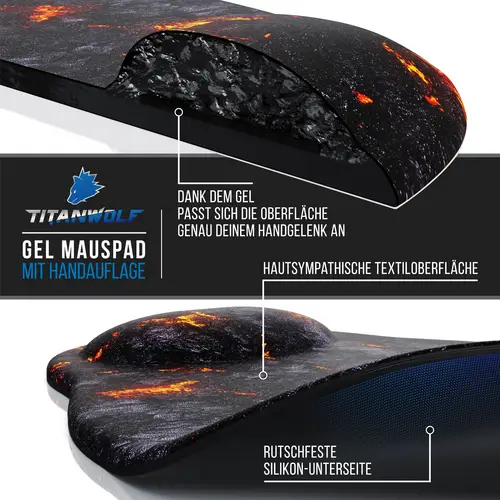 Titanwolf Gaming Mauspad mit Handgelenkauflage, Office Gel Mousepad mit Handgelenkpolster, Lava Titanwolf Gaming Mauspad mit Handgelenkauflage, Office Gel Mousepad mit Handgelenkpolster, Lava