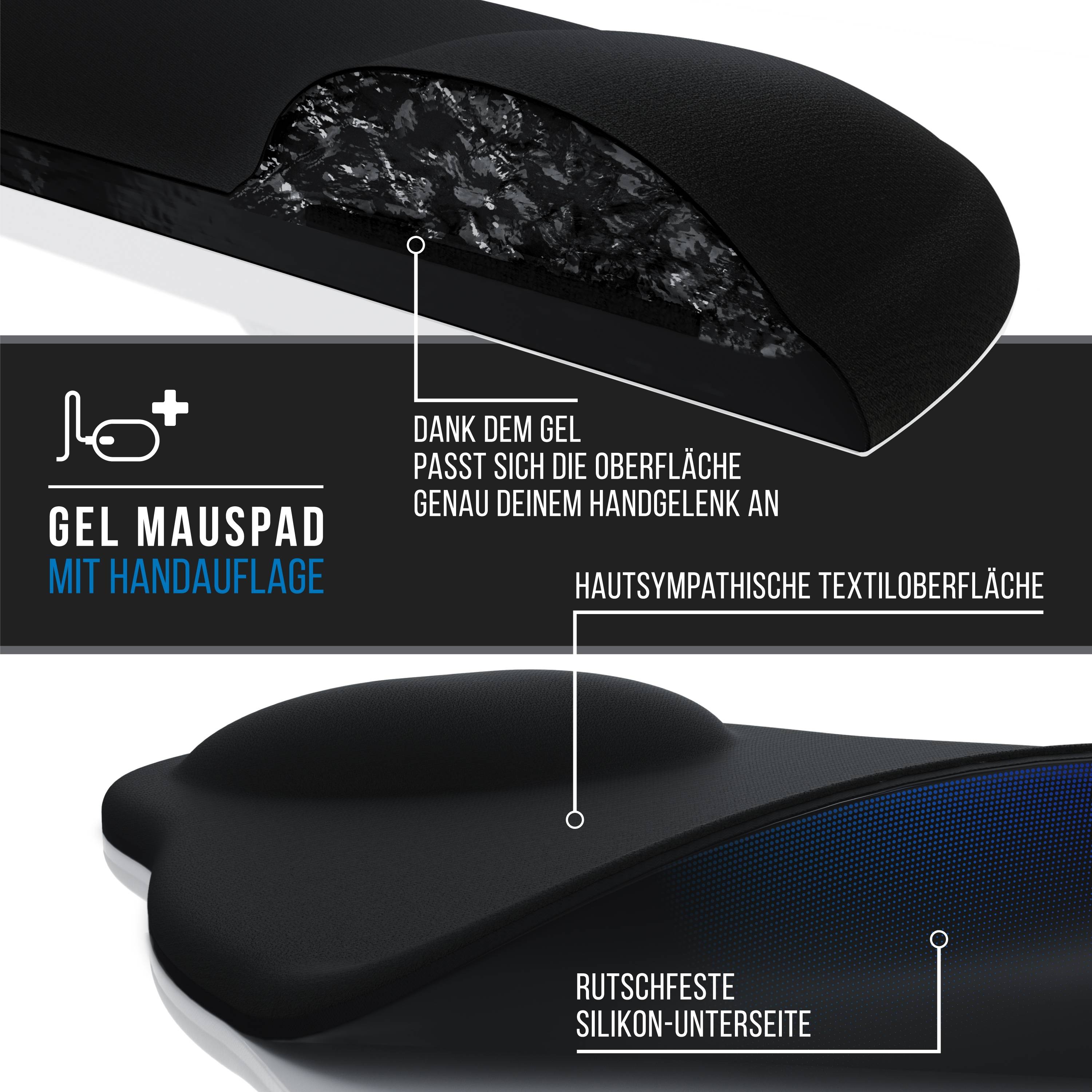 CSL Mauspad, Ergonomisches Schaumstoff Office Mousepad, Entlastung des Handgelenks, schwarz