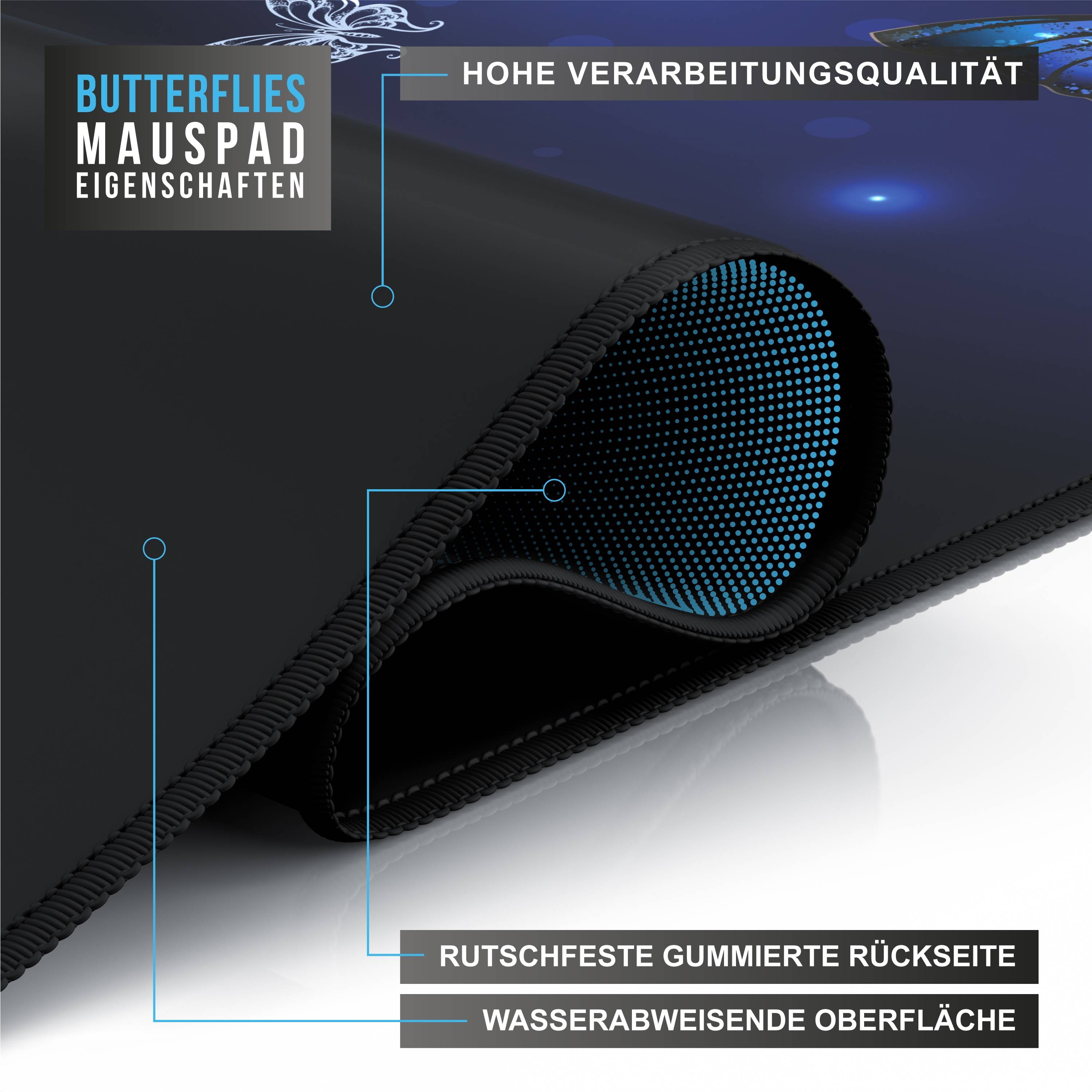 CSL Gaming Mauspad, XXL, 900 x 400 x 3 mm, Schreibtischunterlage, extralarge, waschbar, Schmetterlinge
