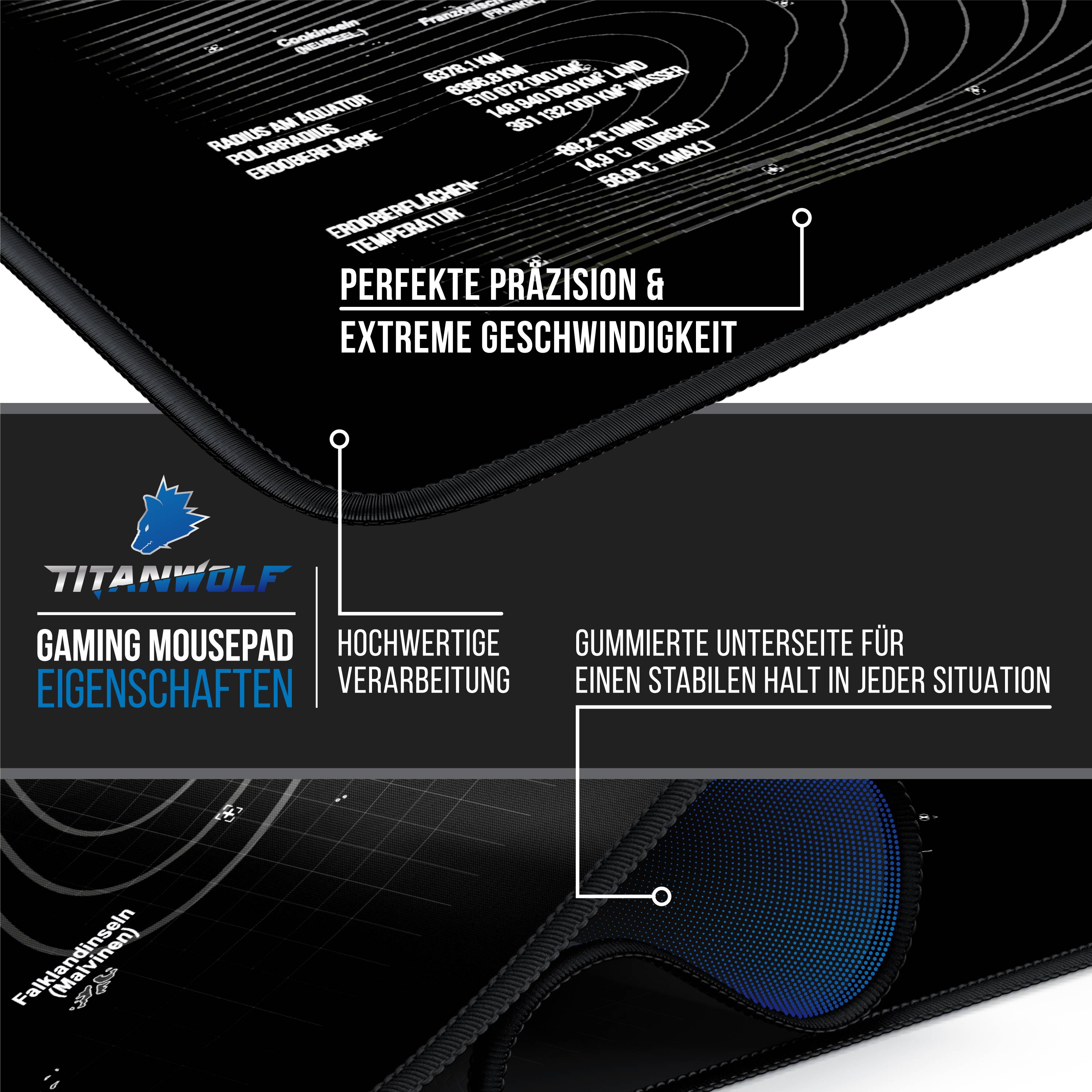 Titanwolf Gaming Mauspad, XXXL 1500 x 800 x 3 mm Schreibtischunterlage Extralarge / Waschbar, Weltkarte
