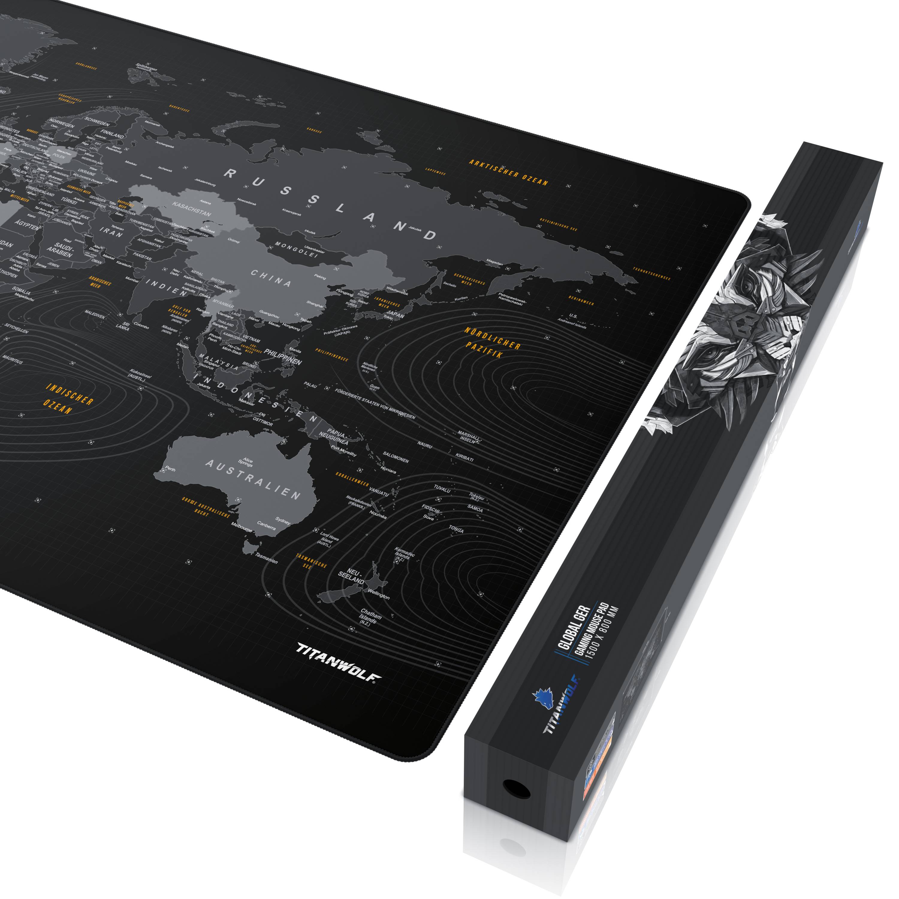 Titanwolf Gaming Mauspad, XXXL 1500 x 800 x 3 mm Schreibtischunterlage Extralarge / Waschbar, Weltkarte