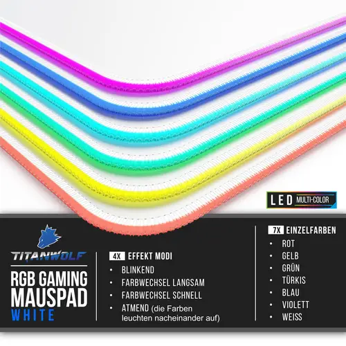 Titanwolf RGB Gaming Mauspad, Mousepad XL 800 x 300mm verbessert Präzision & Geschwindigkeit, weiß Titanwolf RGB Gaming Mauspad, Mousepad XL 800 x 300mm verbessert Präzision & Geschwindigkeit, weiß