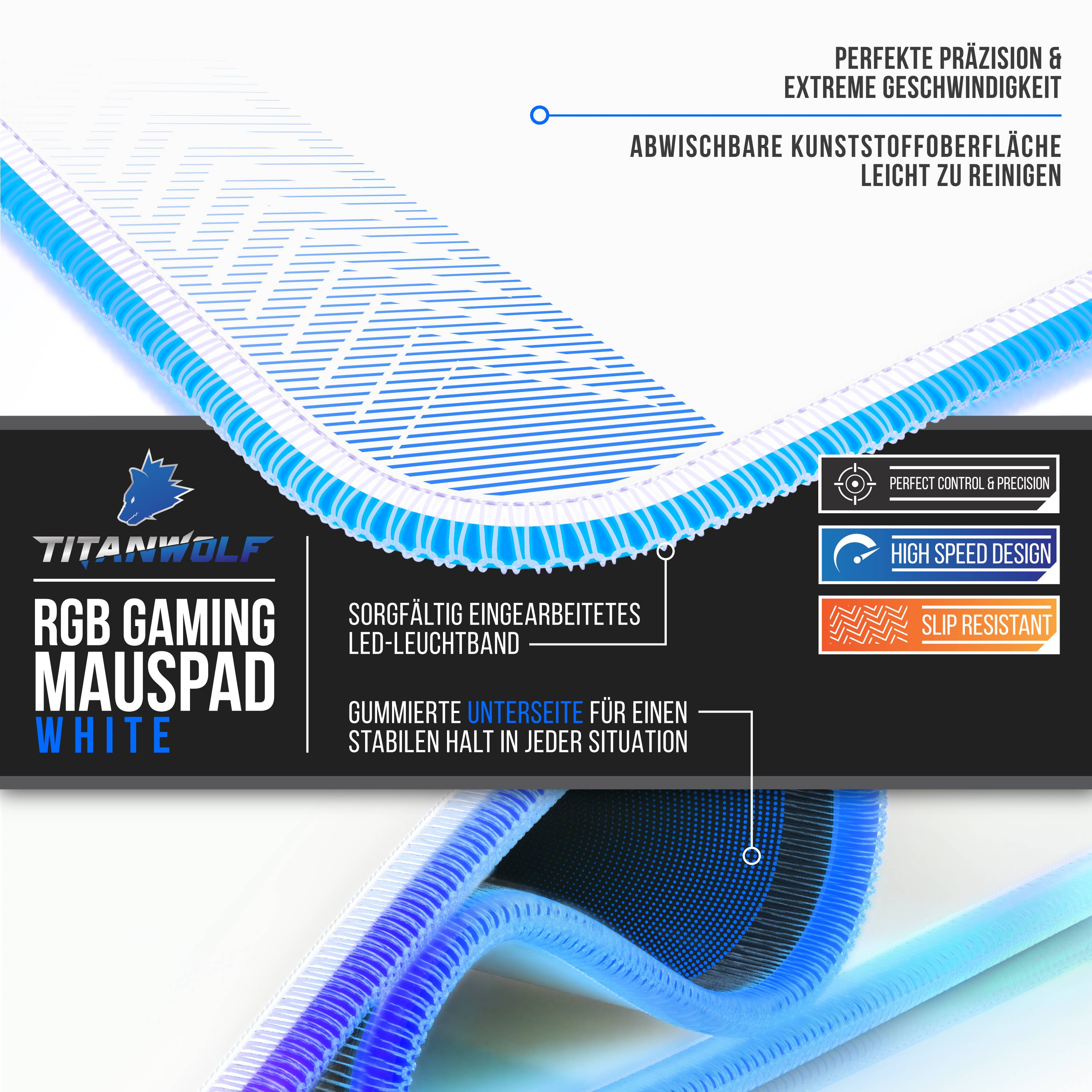 Titanwolf RGB Gaming Mauspad, Mousepad XL 800 x 300mm verbessert Präzision & Geschwindigkeit, weiß
