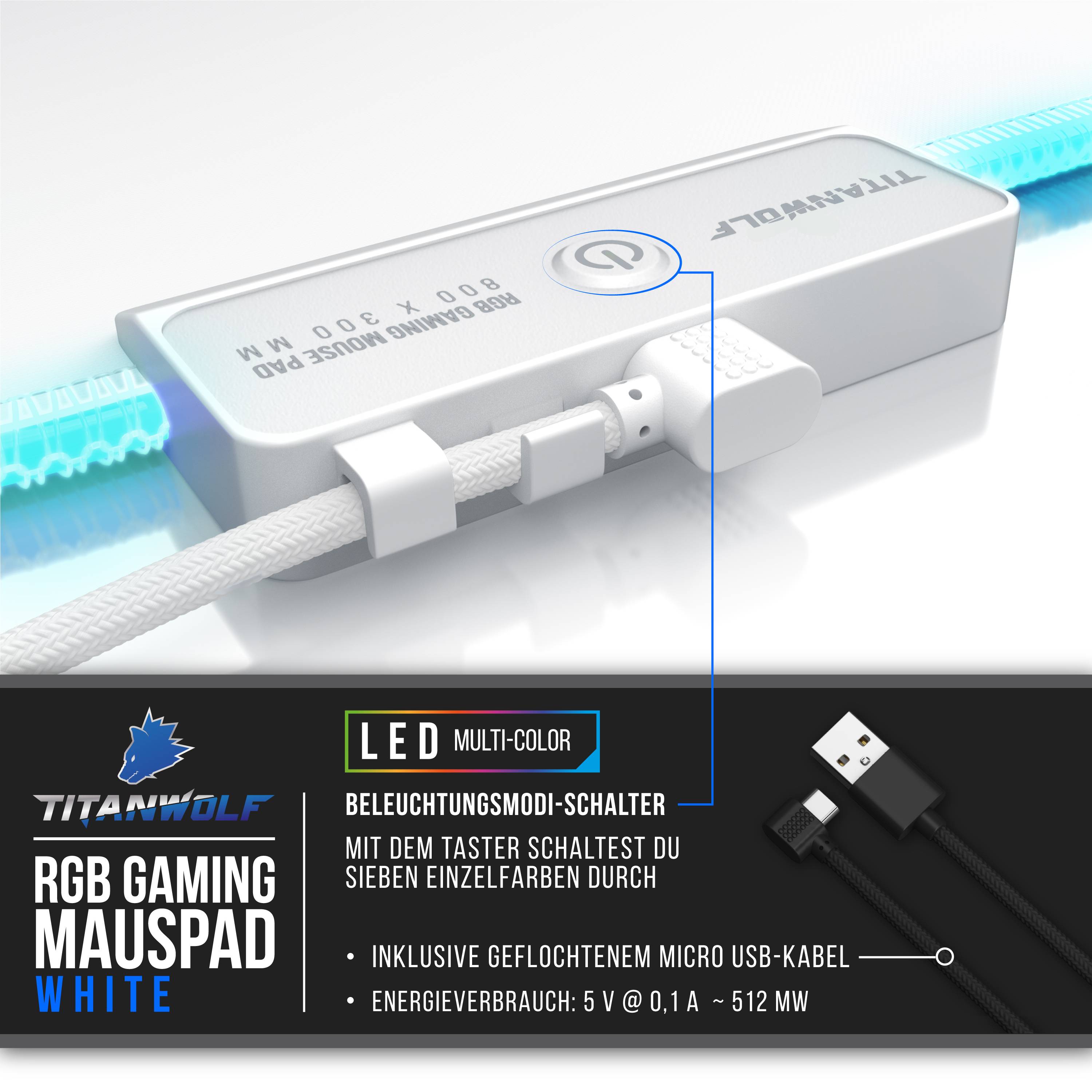 Titanwolf RGB Gaming Mauspad, Mousepad XL 800 x 300mm verbessert Präzision & Geschwindigkeit, weiß