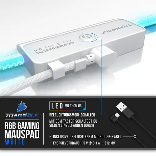 Titanwolf RGB Gaming Mauspad, Mousepad XL 800 x 300mm verbessert Präzision & Geschwindigkeit, weiß Titanwolf RGB Gaming Mauspad, Mousepad XL 800 x 300mm verbessert Präzision & Geschwindigkeit, weiß